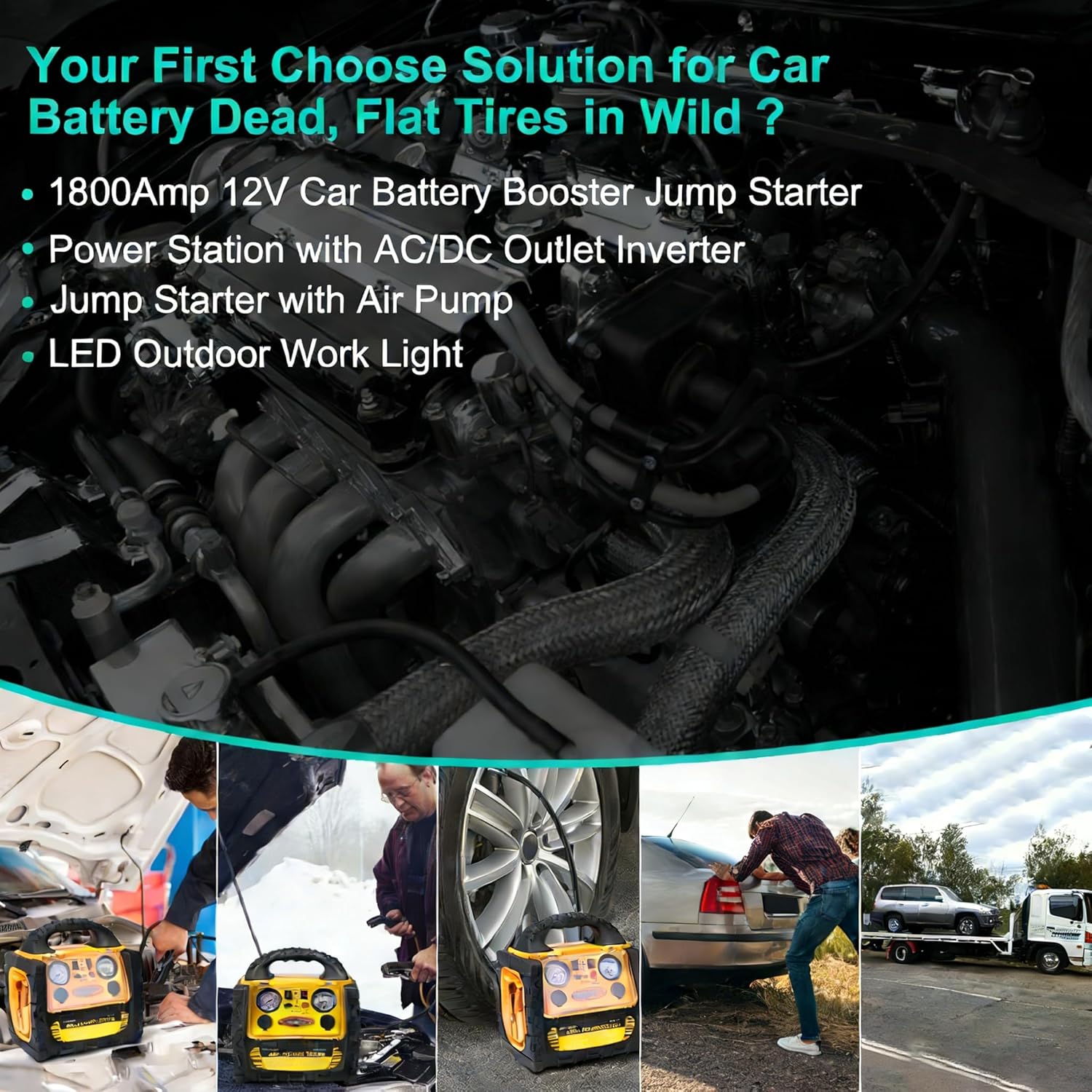 1800A Car Jump Starter with Air Compressor 150PSI,12V Portable Battery Jump Box (8.0L Gas/6L Diesel), Battery Booster with 400W Power Station AC/DC/USB 1800A Car Jump Starter with Air Compressor 150PSI,12V Portable Battery Jump Box (8.0L Gas/6L Diesel), Battery Booster with 400W Power Station AC/DC/USB
