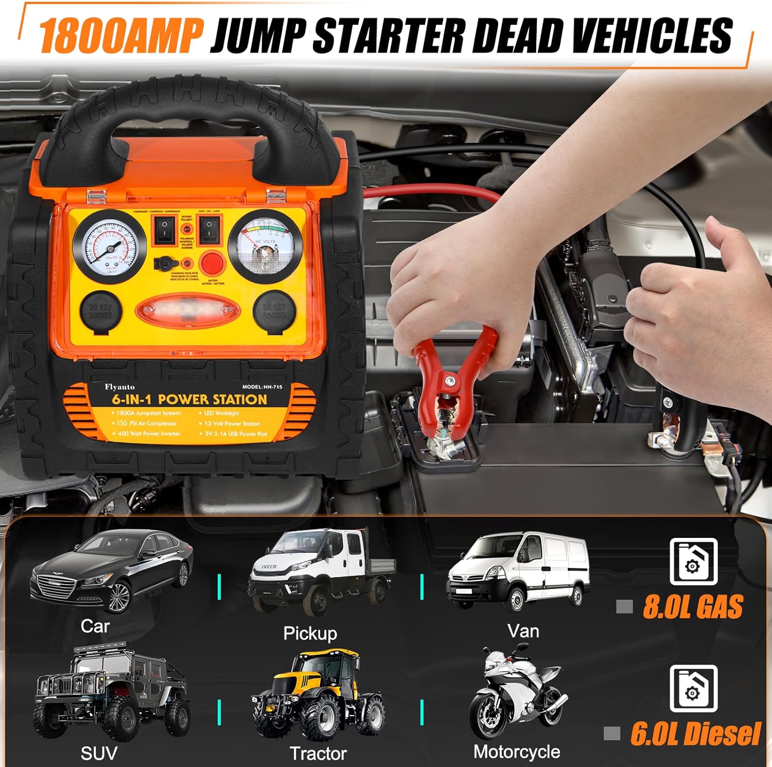 1800A Car Jump Starter with Air Compressor 150PSI,12V Portable Battery Jump Box (8.0L Gas/6L Diesel), Battery Booster with 400W Power Station AC/DC/USB 1800A Car Jump Starter with Air Compressor 150PSI,12V Portable Battery Jump Box (8.0L Gas/6L Diesel), Battery Booster with 400W Power Station AC/DC/USB