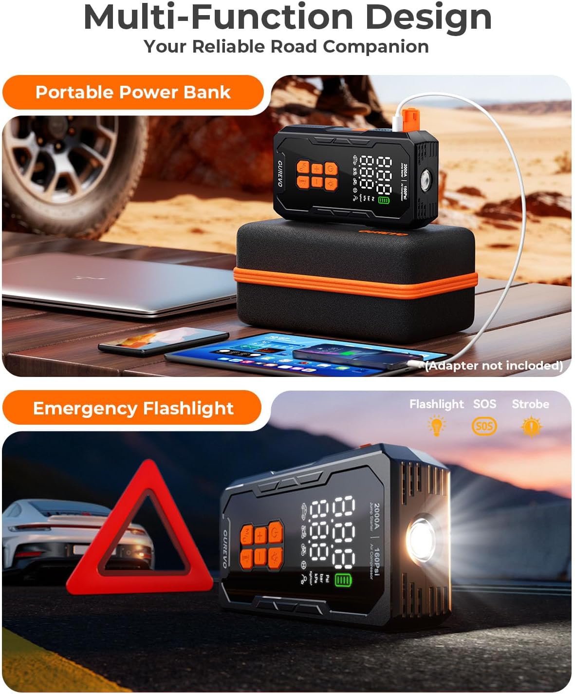 2000A Jump Starter with Air Compressor, Car Battery Jumper Starter Portable with 160PSI Auto-Shutoff Tire Inflator, Car Battery Charger Jump Box for 8.0L Gas/6.0L Diesel Engines