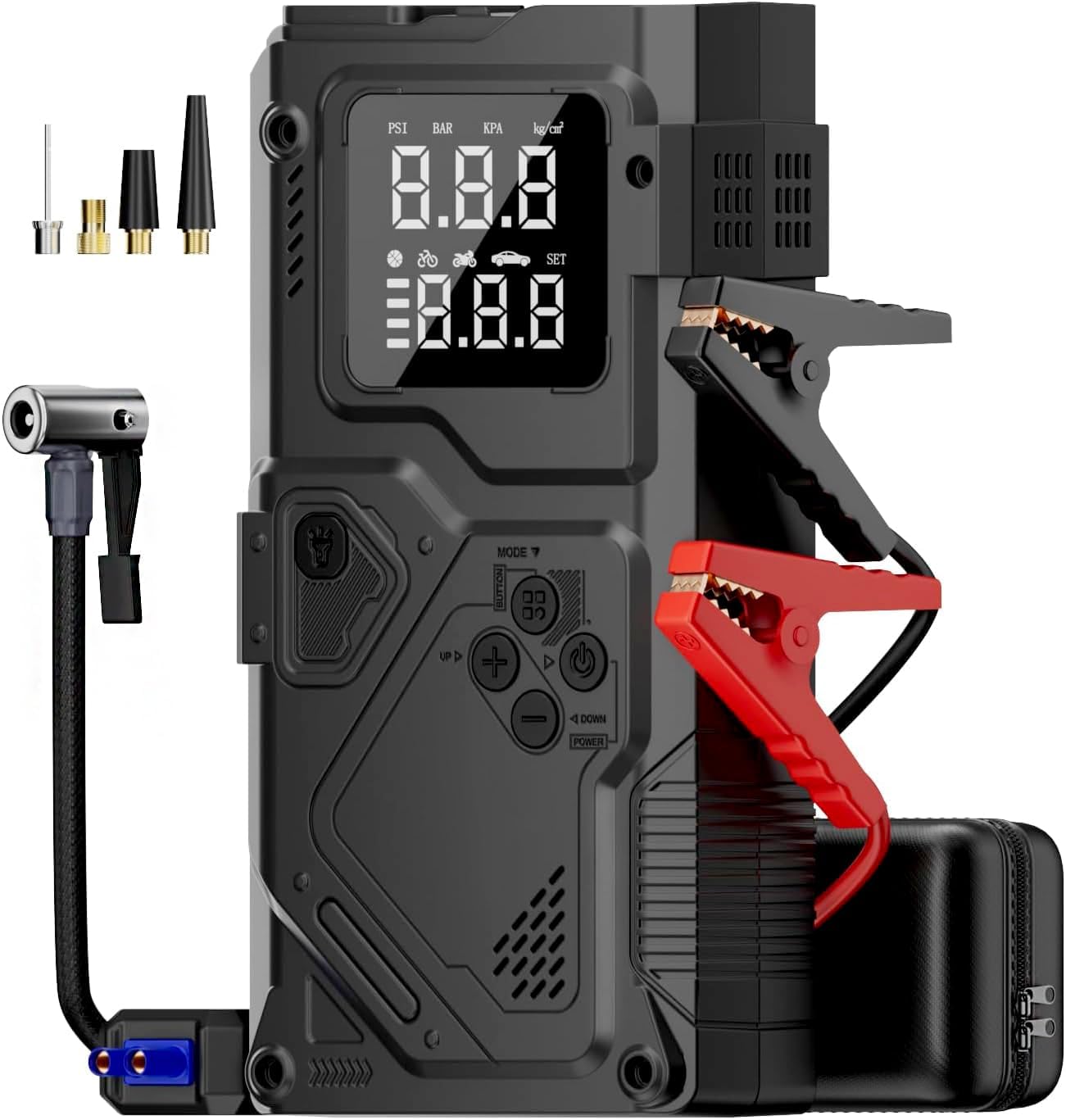 3000A Jump Starter with Built-in Cable,Car Battery Jumper Starter Portable,with 150PSI Tire Inflator Air Pump Auto-Off,(All Gas/10.0L Diesel),12V Battery Booster Pack Up, with LCD Display, Lights