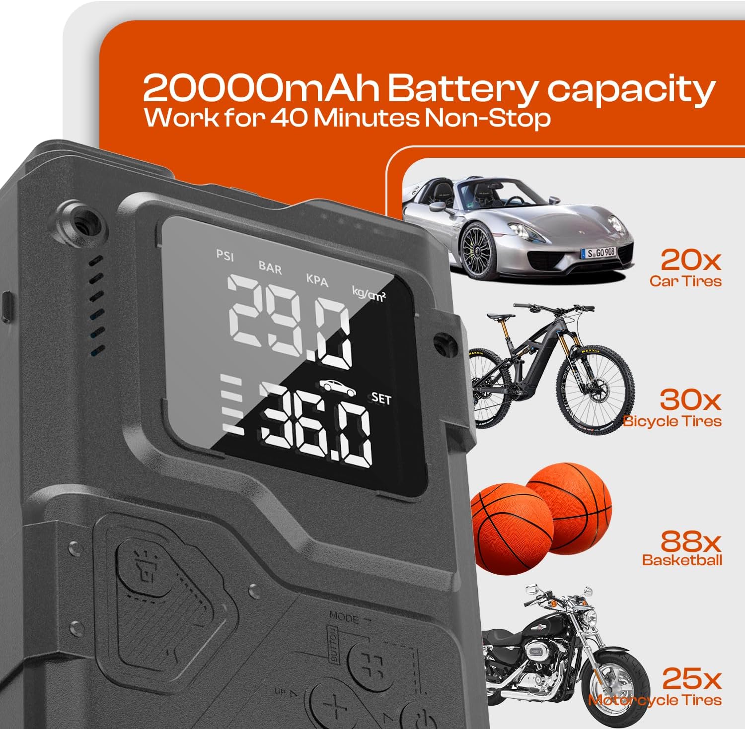 3000A Jump Starter with Built-in Cable,Car Battery Jumper Starter Portable,with 150PSI Tire Inflator Air Pump Auto-Off,(All Gas/10.0L Diesel),12V Battery Booster Pack Up, with LCD Display, Lights