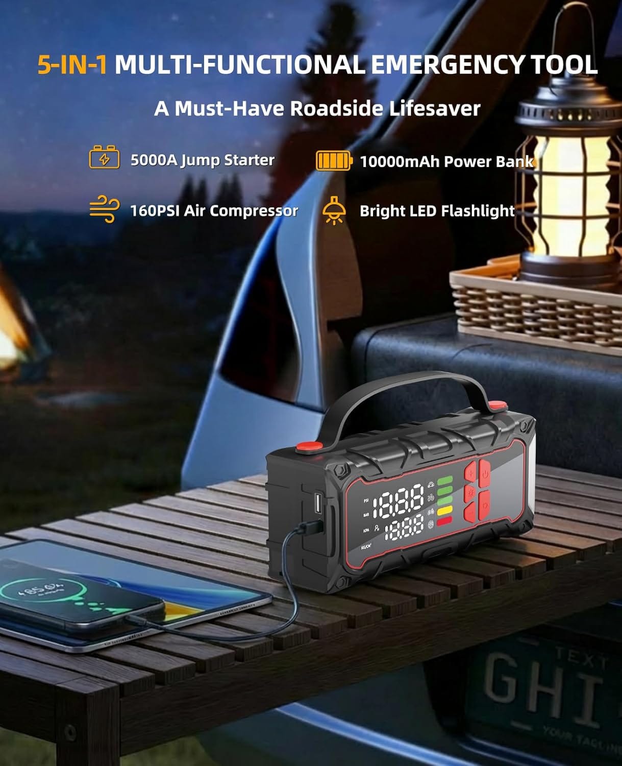 5000A Car Battery Jump Starter with Air Compressor 160PSI, Car Battery Charger 7.0L Gas/6.0L Diesel, Jumper Box for Car Battery with Tire Inflator  Power Bank Jumper Cables, Fathers Day