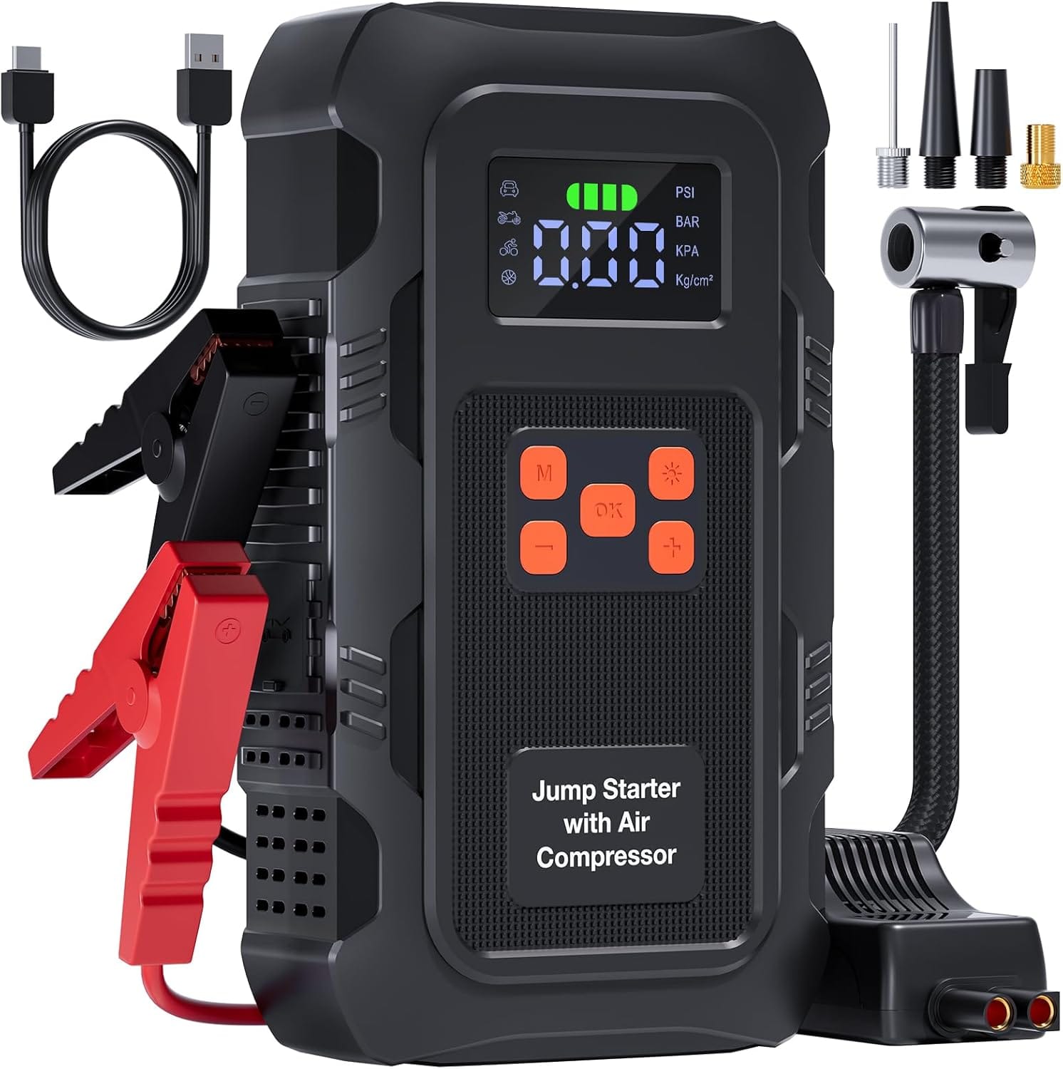 5000A Jump Starter with Air Compressor, Portable Car Battery Jump Starter with PSI Tire Inflator for Up to 10.0L Gas and 8.0L Diesel Engines, 12V Jump Box Battery Charger Booster(Red)