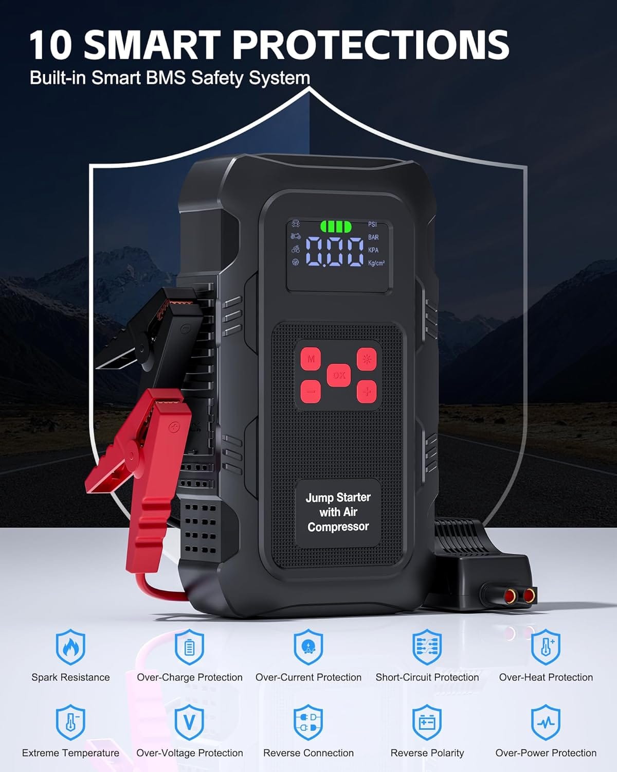 5000A Jump Starter with Air Compressor, Portable Car Battery Jump Starter with PSI Tire Inflator for Up to 10.0L Gas and 8.0L Diesel Engines, 12V Jump Box Battery Charger Booster(Red)