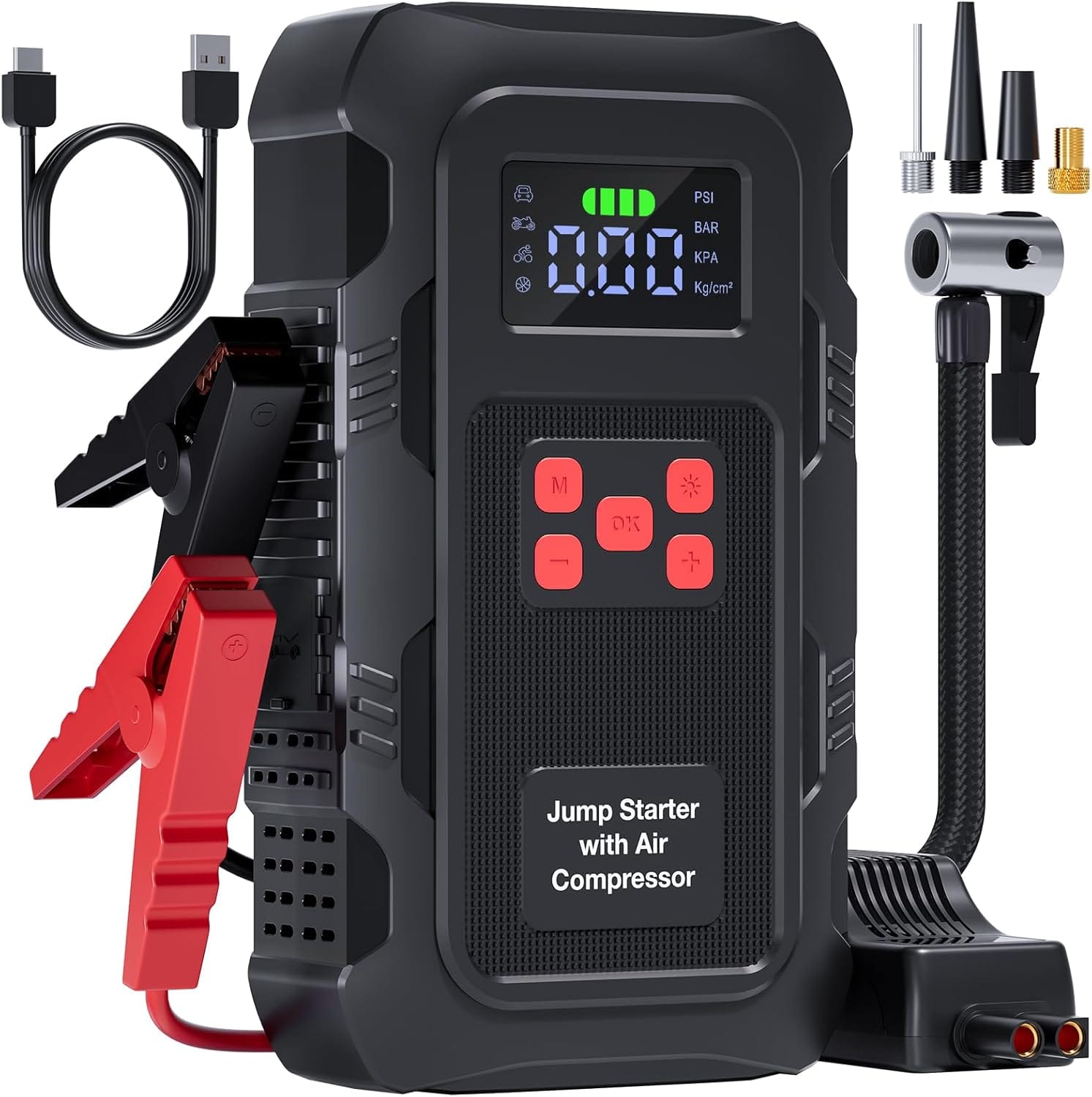 5000A Jump Starter with Air Compressor, Portable Car Battery Jump Starter with PSI Tire Inflator for Up to 10.0L Gas and 8.0L Diesel Engines, 12V Jump Box Battery Charger Booster(Red)