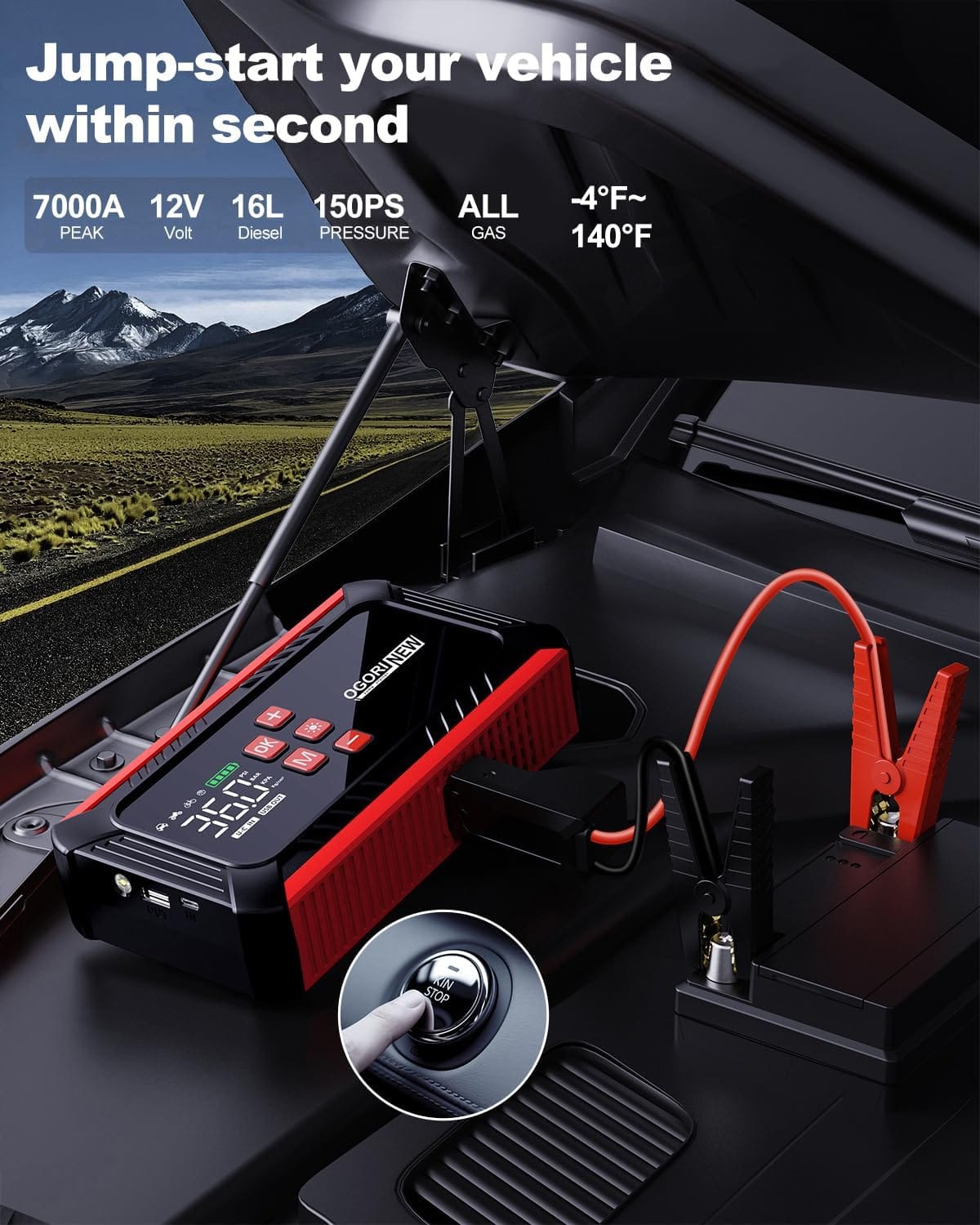7000A Jump Starter with Air Compressor, 21800mAh Car Battery Jump Starter (All Gas/16.0L Diesel) with 150PSI Auto-Shutoff Tire Inflator, 12V Portable Jump Box with Booster, Jumper Cables