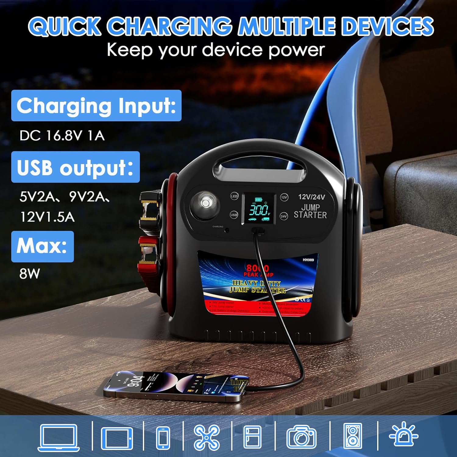 8000A Car Battery Jump Starter for All Gas/Diesel,12V/24V Intelligent Car Jumper Starter Battery Pack, Heavy Duty Portable Jump Box Power Pack with LED Light
