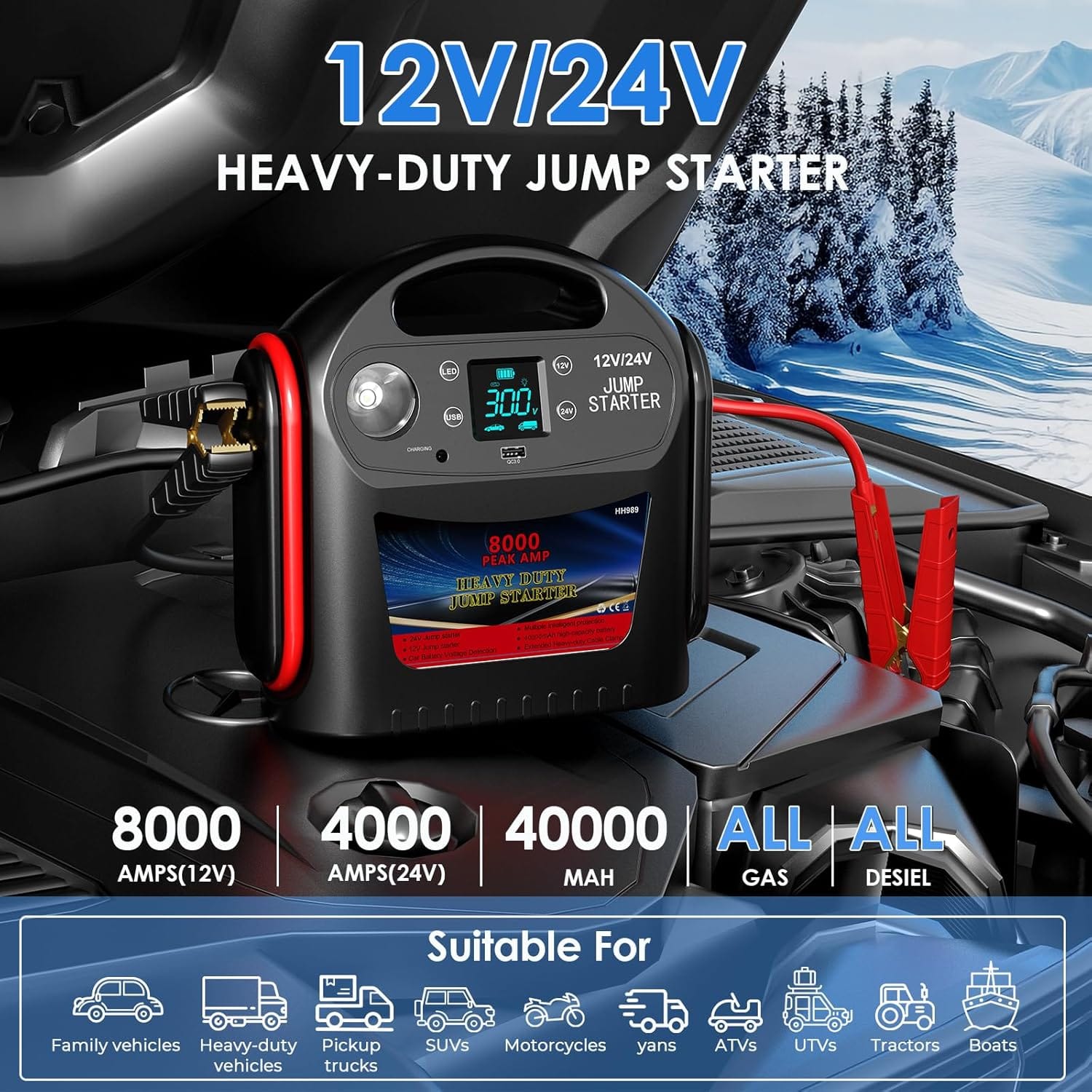8000A Car Battery Jump Starter for All Gas/Diesel,12V/24V Intelligent Car Jumper Starter Battery Pack, Heavy Duty Portable Jump Box Power Pack with LED Light