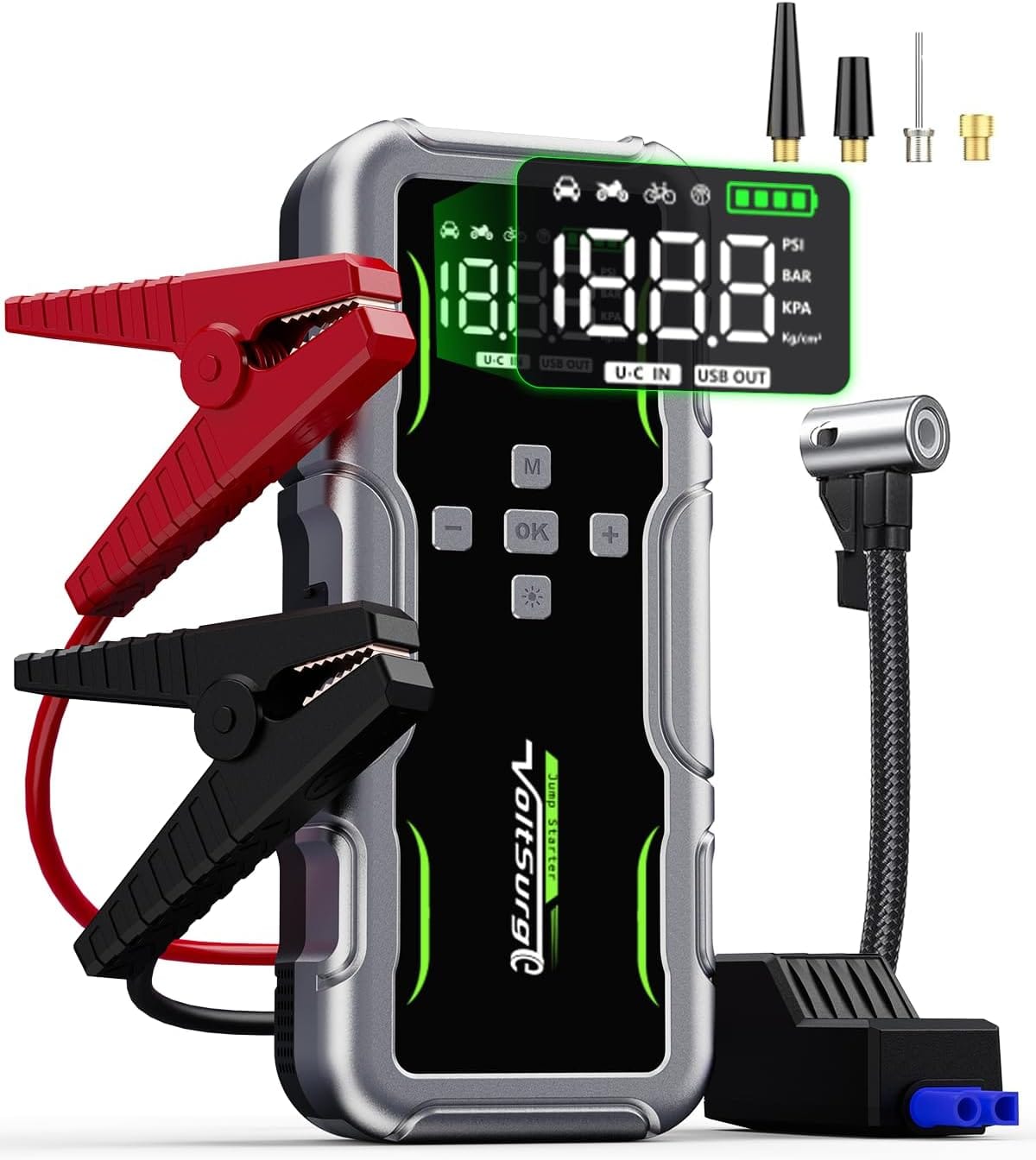 8000A Jump Starter with Air Compressor, 12V Portable Battery Jumper Starter Pack(All Gas/10.0L Diesel) for Car, Jump Box with 150PSI Auto Tire Inflator, LCD Display  Lights