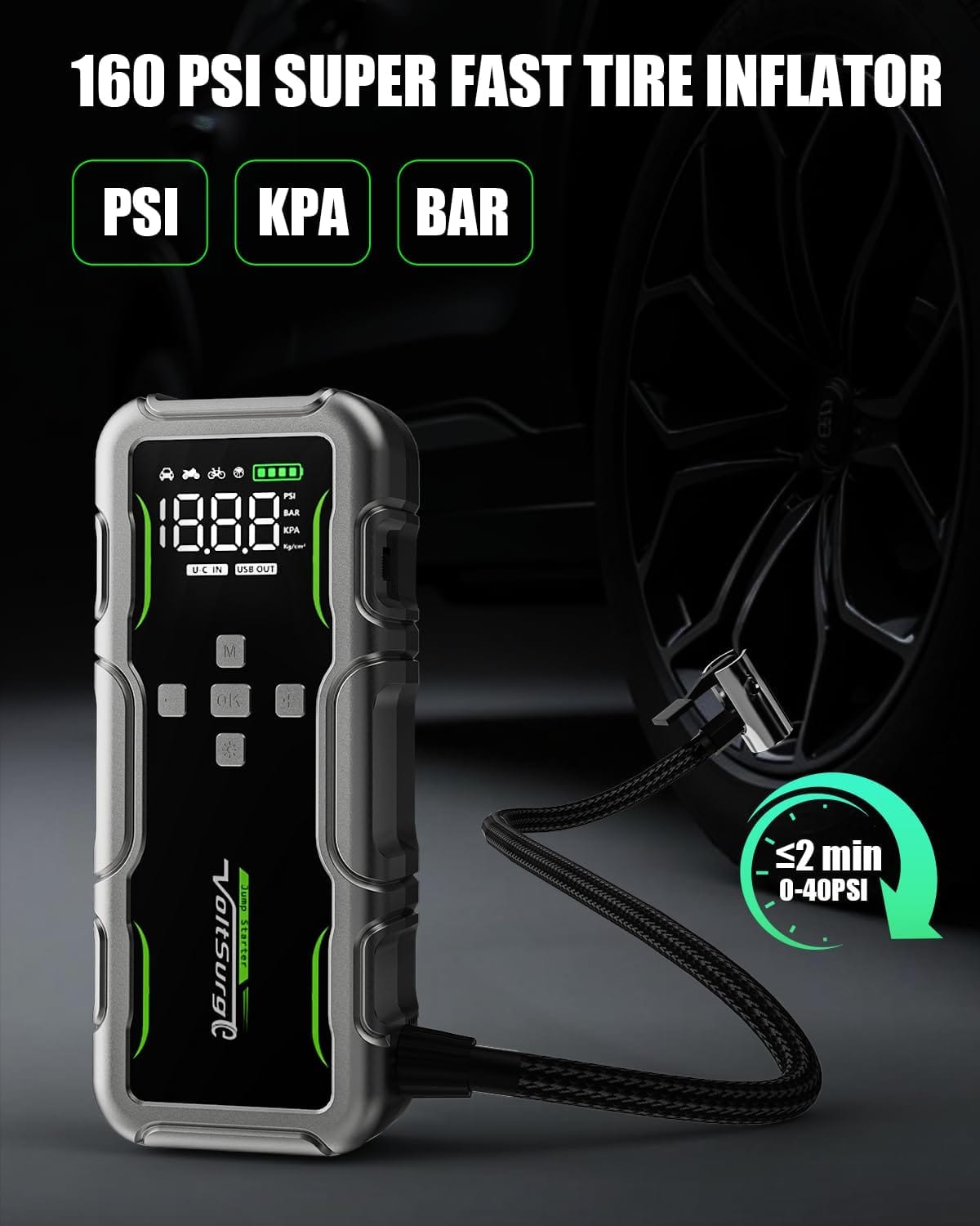 8000A Jump Starter with Air Compressor, 12V Portable Battery Jumper Starter Pack(All Gas/10.0L Diesel) for Car, Jump Box with 150PSI Auto Tire Inflator, LCD Display  Lights