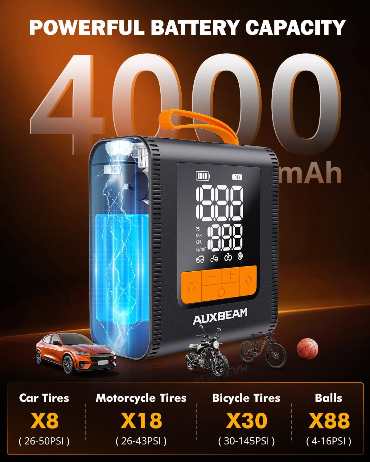 AUXBEAM H4 Series Tire Inflator Portable Air Compressor,150PSI in Rechargeable Car Tire Inflator Portable Preset Inflation Modes 12V Air Pump for Car, Motorcycle, Bike, Ball (Amber)