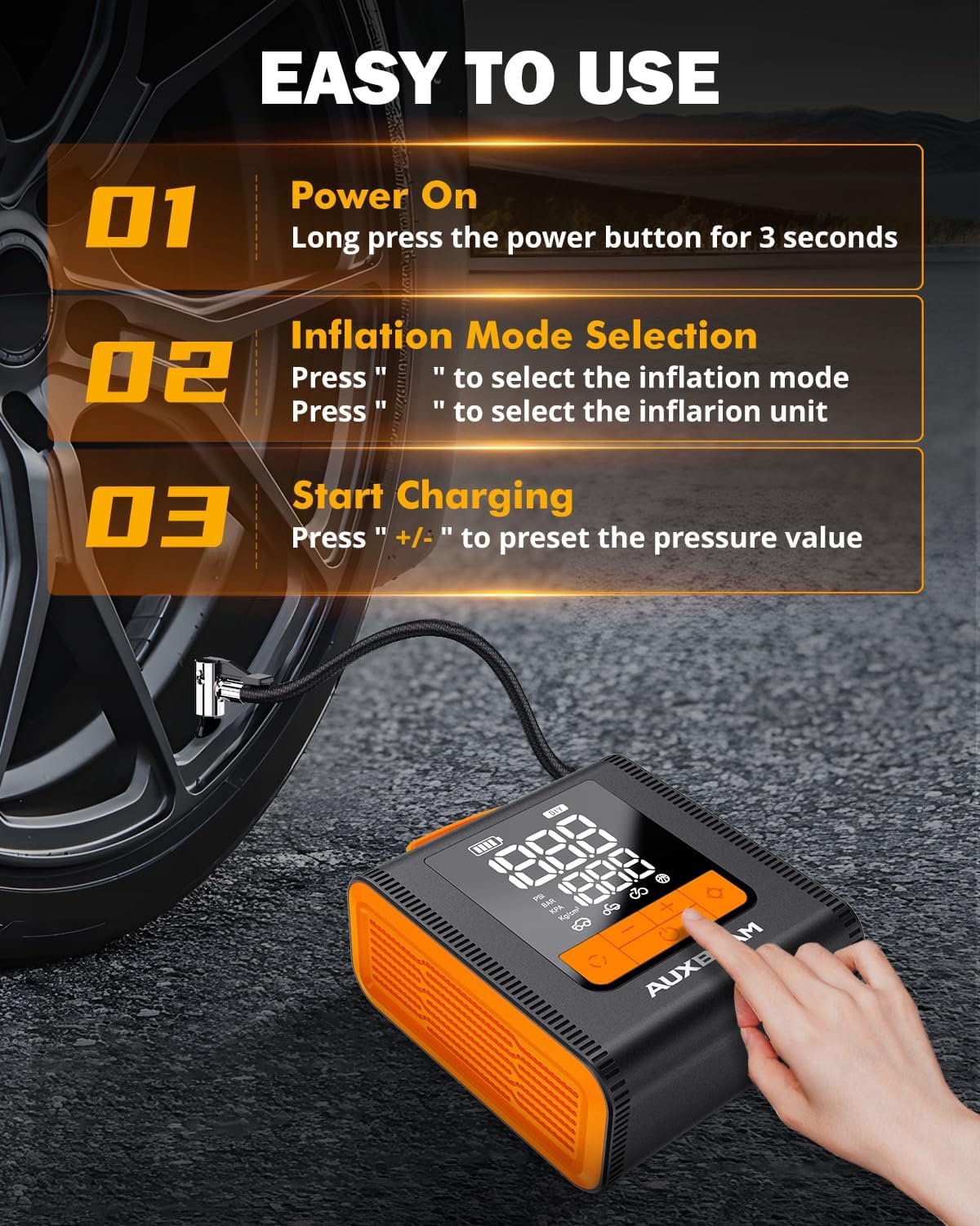 AUXBEAM H4 Series Tire Inflator Portable Air Compressor,150PSI in Rechargeable Car Tire Inflator Portable Preset Inflation Modes 12V Air Pump for Car, Motorcycle, Bike, Ball (Amber)