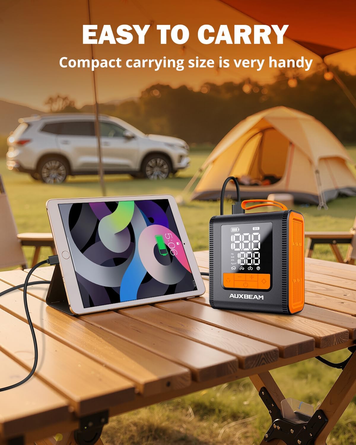 AUXBEAM H4 Series Tire Inflator Portable Air Compressor,150PSI in Rechargeable Car Tire Inflator Portable Preset Inflation Modes 12V Air Pump for Car, Motorcycle, Bike, Ball (Amber)