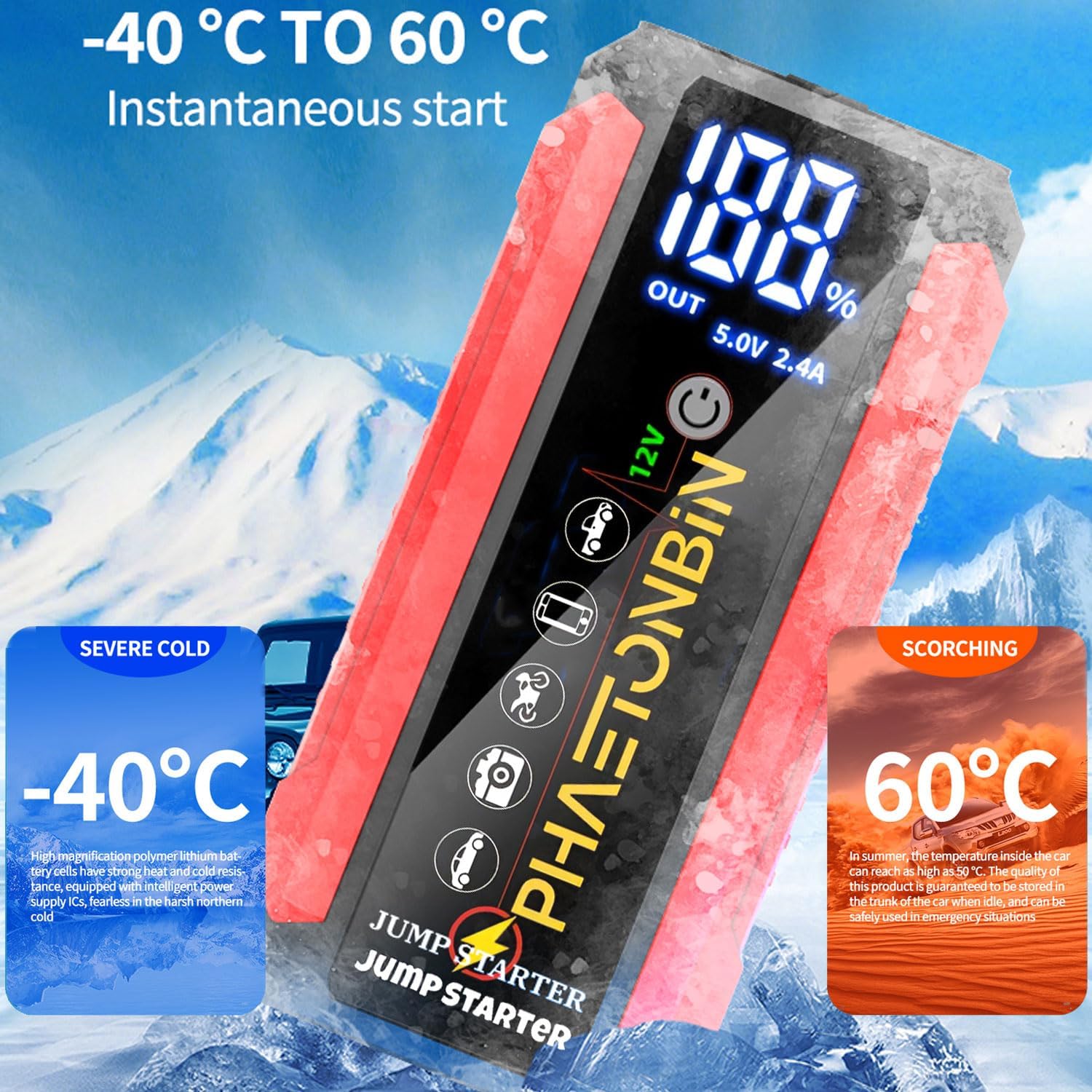 Car Jump Starter 3000A,Jump Starter Battery Pack for Up to 7.0L Gas and 3.5L Diesel Engines, 12V Portable Battery Booster with Full LCD Screen, 3 Modes Flashlight and Smart Jumper Cable