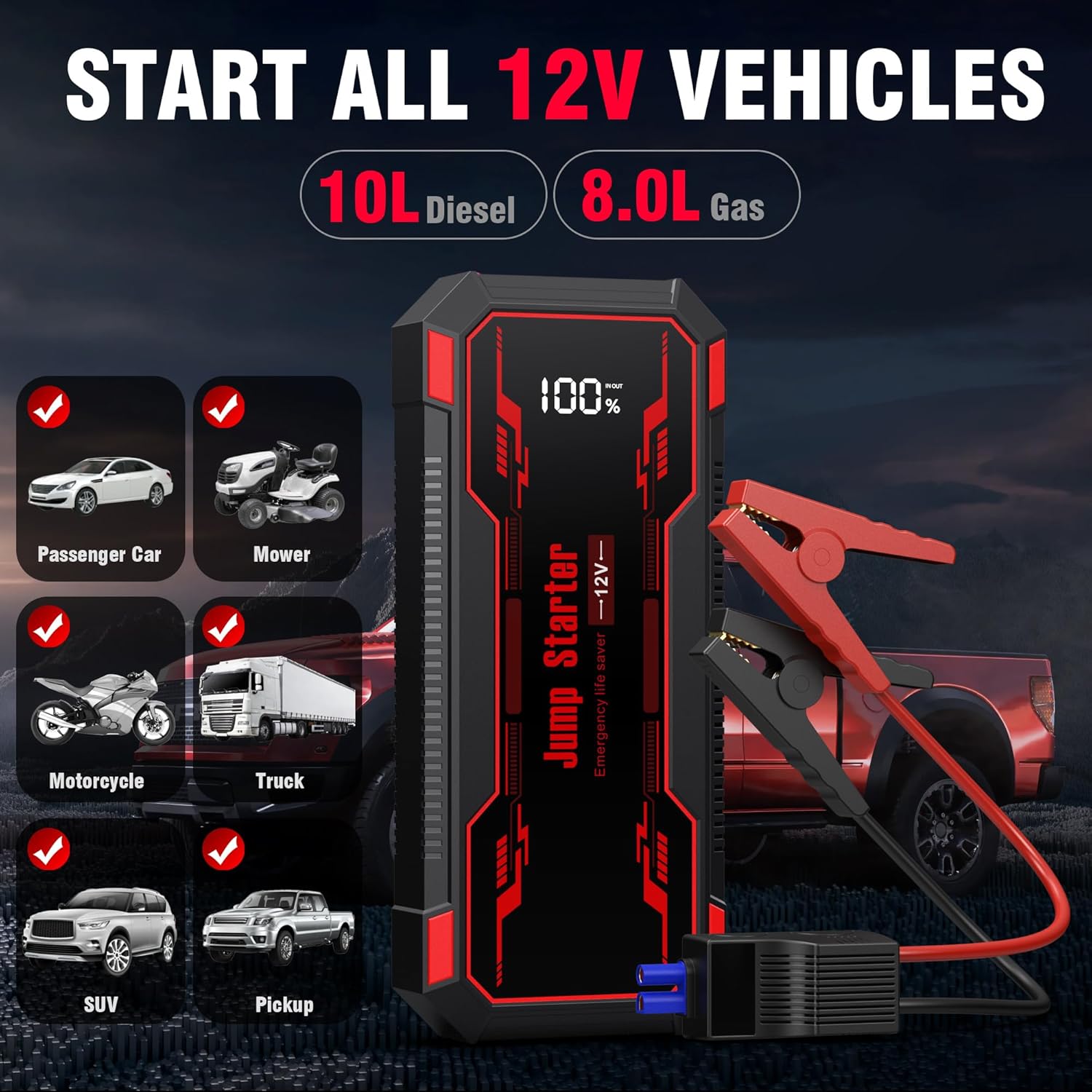 Car Jump Starter 6000A Car Battery Jump Starter Portable,12V Battery Jumper Starter Portable(10.0L Gas/8.0L Diesel),LCD Display Jump Box Jump Starter Battery Pack with Jumper Cables  Flashlight-Red