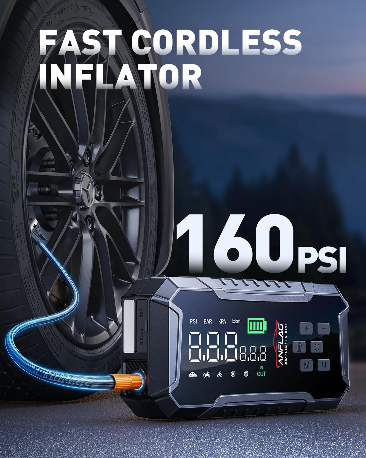 Car Jump Starter with Air Compressor 160PSI, 7000A Car Battery Jumper Starter Portable 12V Jump Box(All Gas/12L Diesel), Cordless Tire Inlfator, 26800mAh Powerbank, Led Lights, Safety Hammer