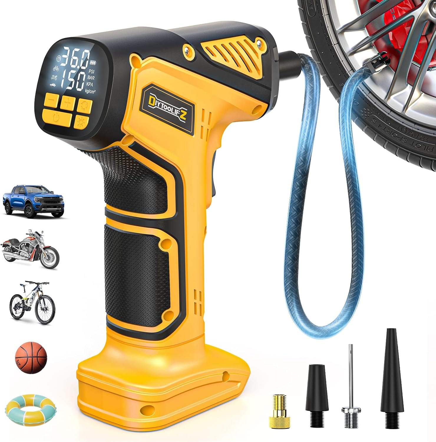 DIYtoolifz Cordless Tire Inflator Air Compressor Compatible with Dewalt 20V Battery (Tool Only), PSI Portable Car Air Pump with Digital Pressure Gauge, Automatic Shut Off, LED Light