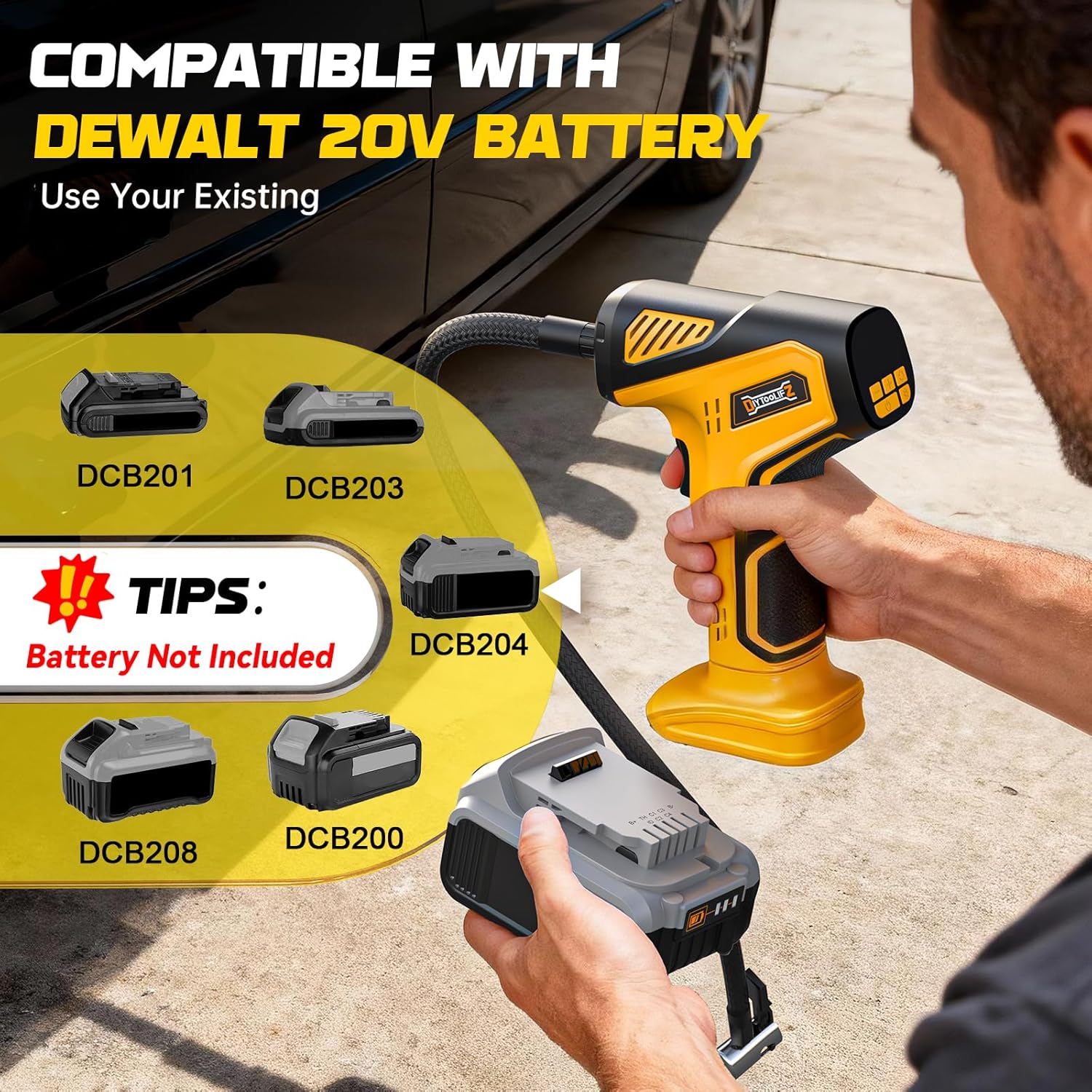DIYtoolifz Cordless Tire Inflator Air Compressor Compatible with Dewalt 20V Battery (Tool Only), PSI Portable Car Air Pump with Digital Pressure Gauge, Automatic Shut Off, LED Light