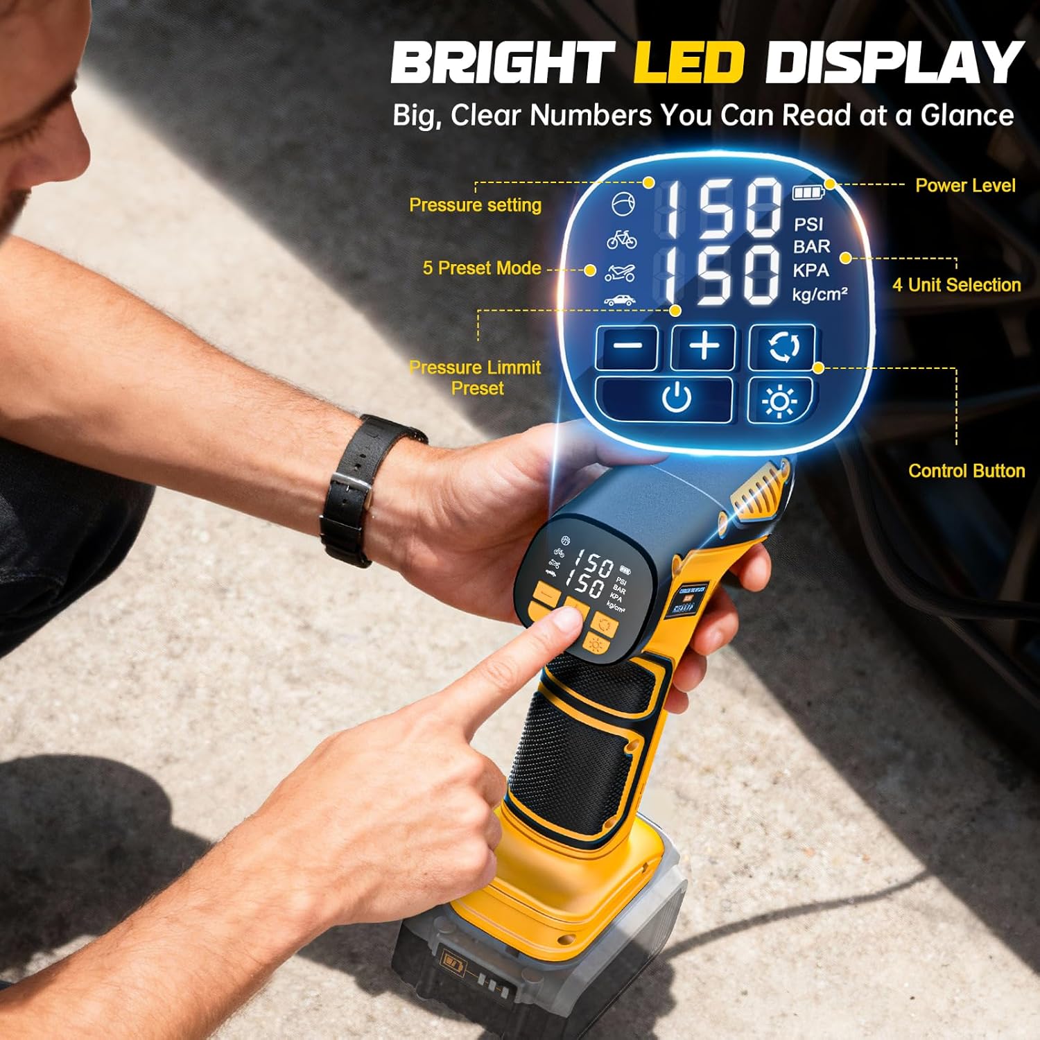 DIYtoolifz Cordless Tire Inflator Air Compressor Compatible with Dewalt 20V Battery (Tool Only), PSI Portable Car Air Pump with Digital Pressure Gauge, Automatic Shut Off, LED Light
