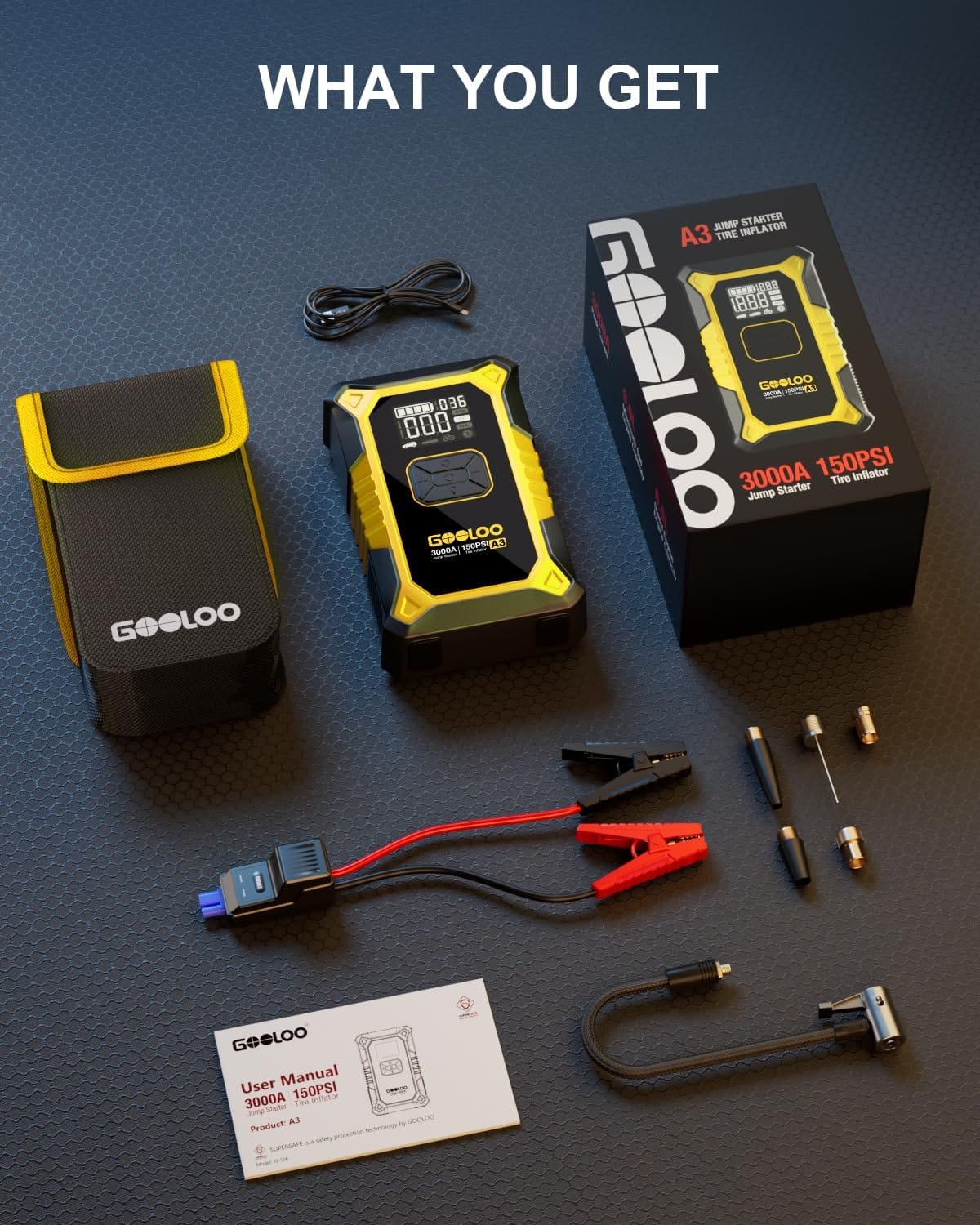 GOOLOO A3 Jump Starter with Air Compressor, 3000A Portable Car Battery Jumper Starter (9.0L Gas/6.5L Diesel) with 150PSI Auto-Shutoff Tire Inflator, 12V Supersafe Lithium Jump Box Car Booster, Yellow