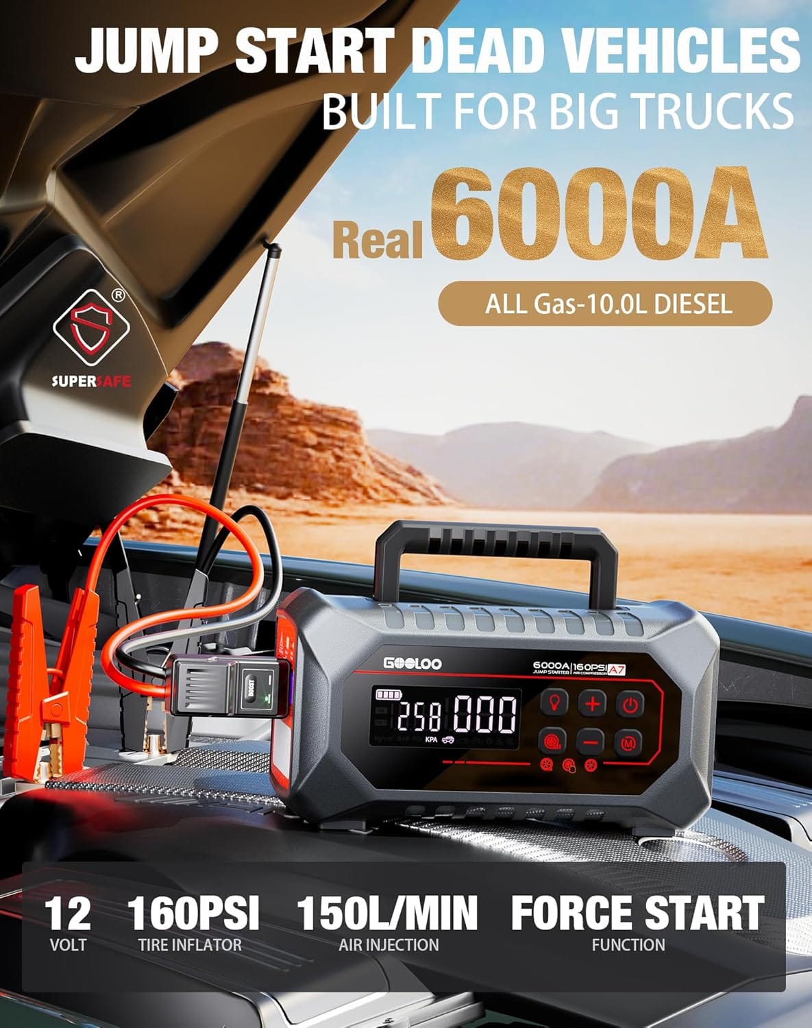 GOOLOO A7 Jump Starter with Air Compressor, 6000A 160PSI 12V Car Battery Jumper Starter Portable Booster Pack, 12-in-1 Jump Box (All Gas  10L Disel) with Tire Inflator  Air Pump(Inflate Deflate)