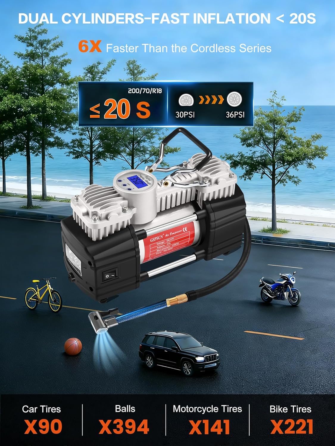 GSPSCN 6X Faster Inflation Portable 12V Air Compressor Pump Digital Display Tire Inflator with LED Flashlight, Heavy Duty Dual Cylinder Tire Pump PSI for Auto,SUV,Off-Road,Truck,RV,Bike etc GSPSCN 6X Faster Inflation Portable 12V Air Compressor Pump Digital Display Tire Inflator with LED Flashlight, Heavy Duty Dual Cylinder Tire Pump PSI for Auto,SUV,Off-Road,Truck,RV,Bike etc