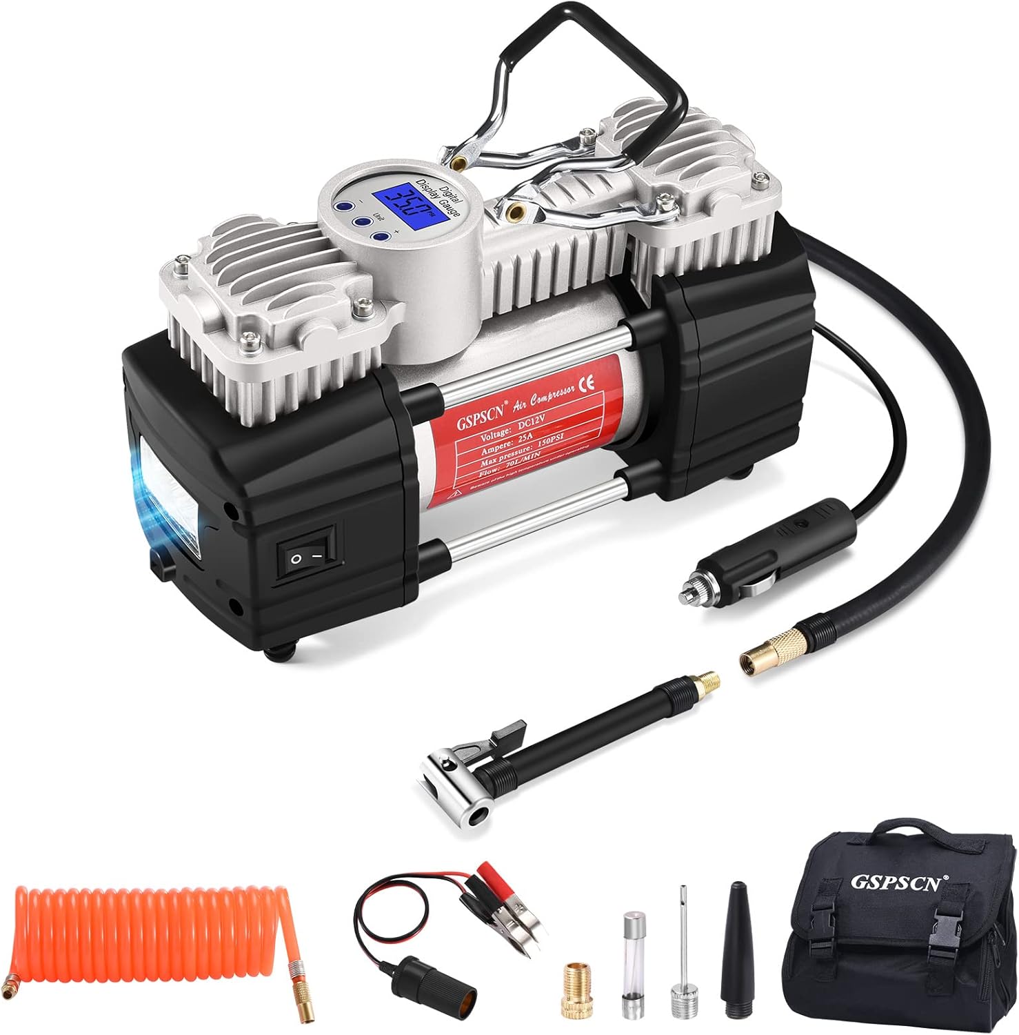 GSPSCN 6X Faster Inflation Portable 12V Air Compressor Pump Digital Display Tire Inflator with LED Flashlight, Heavy Duty Dual Cylinder Tire Pump PSI for Auto,SUV,Off-Road,Truck,RV,Bike etc GSPSCN 6X Faster Inflation Portable 12V Air Compressor Pump Digital Display Tire Inflator with LED Flashlight, Heavy Duty Dual Cylinder Tire Pump PSI for Auto,SUV,Off-Road,Truck,RV,Bike etc