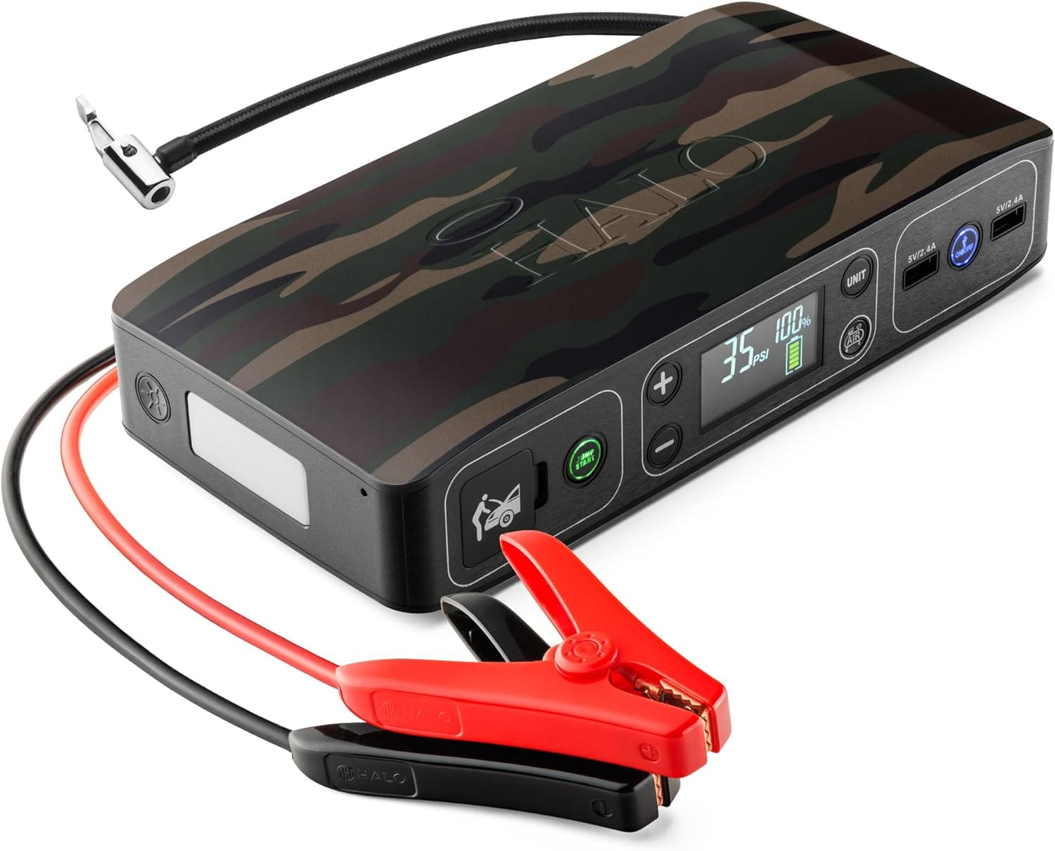 HALO Bolt Air 58830 Portable Car Battery Jump Starter | 100 PSI Air Compressor, 58.8Wh USB Power Bank, Emergency Floodlight & Charger, Jumps Cars SUVs & Trucks, Inflates Tires, TSA Approved — Black