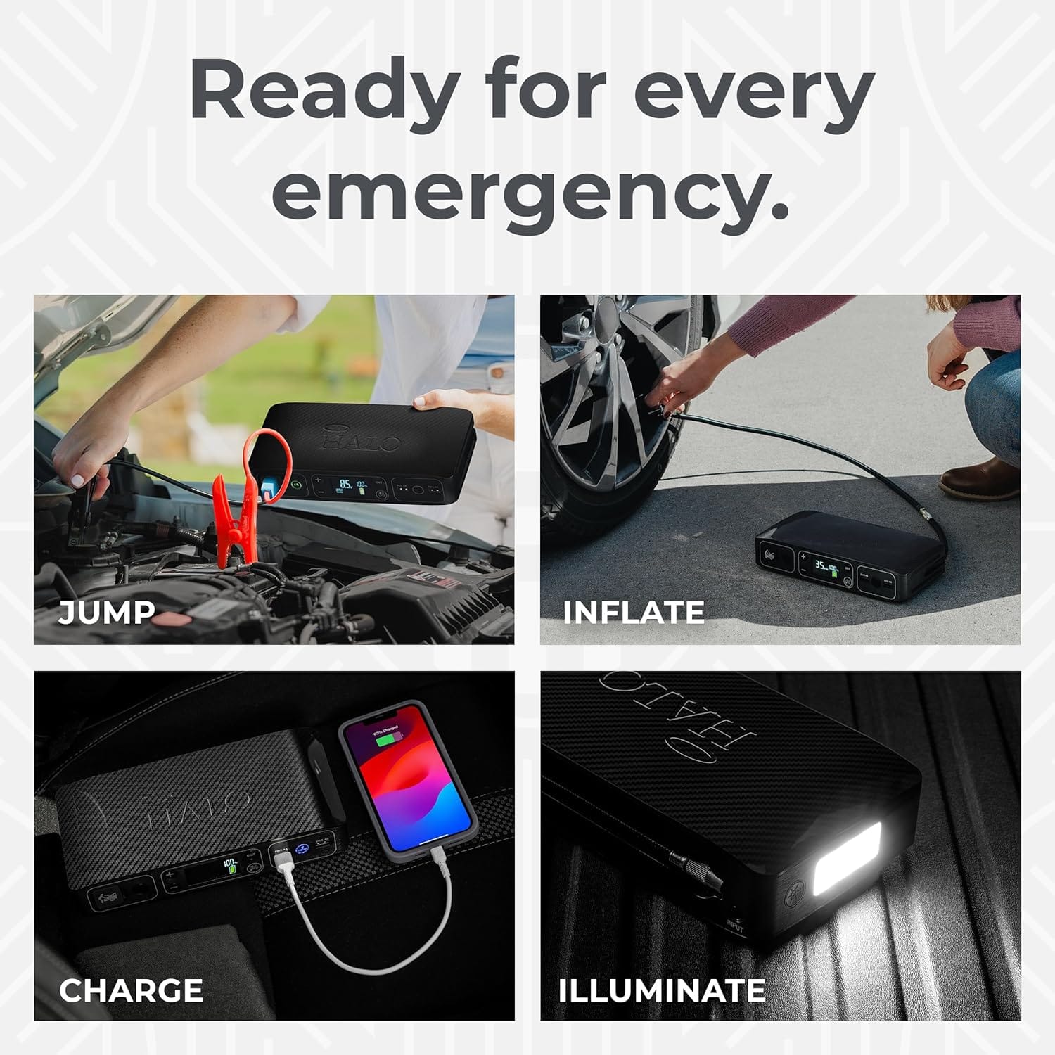 HALO Bolt Air Portable Car Battery Jump Starter | PSI Air Compressor, 58.8Wh USB Power Bank, Emergency Floodlight Charger, Jumps Cars SUVs Trucks, Inflates Tires, TSA Approved — Black HALO Bolt Air Portable Car Battery Jump Starter | PSI Air Compressor, 58.8Wh USB Power Bank, Emergency Floodlight Charger, Jumps Cars SUVs Trucks, Inflates Tires, TSA Approved — Black