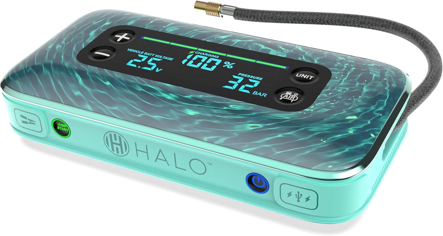 HALO Bolt Air+ Portable Car Battery Jump Starter | PSI Air Compressor, 59.9Wh USB Power Bank, Large Display, Emergency Floodlight  Charger, Jumps Cars SUVs  Trucks, Inflates Tires — Teal