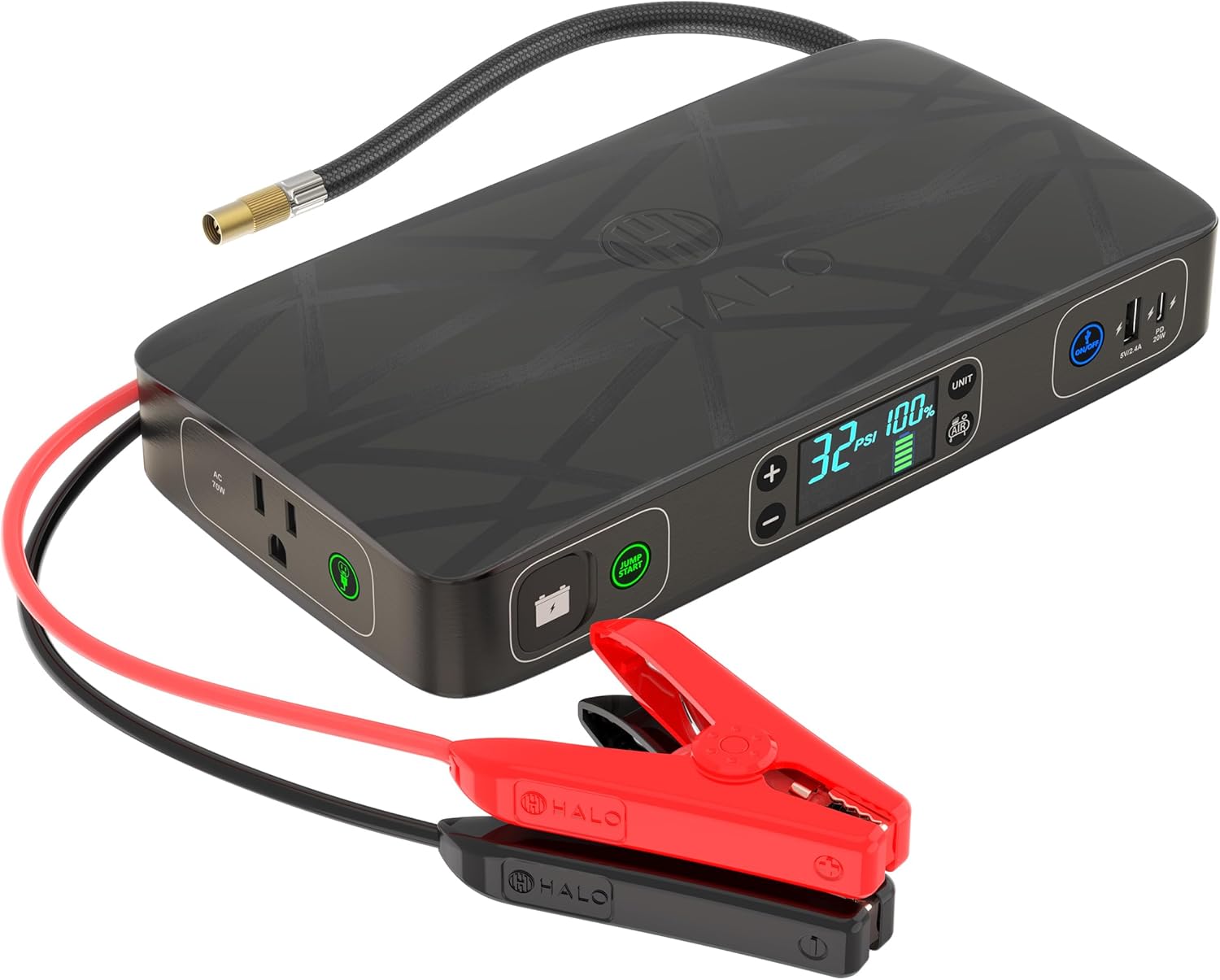 HALO Bolt Ultimate Portable Car Battery Jump Starter | PSI Air Compressor, 55.5Wh USB Power Bank with AC Outlet, Emergency Floodlight  Charger, Jumps Cars SUVs  Trucks, Inflates Tires — Black