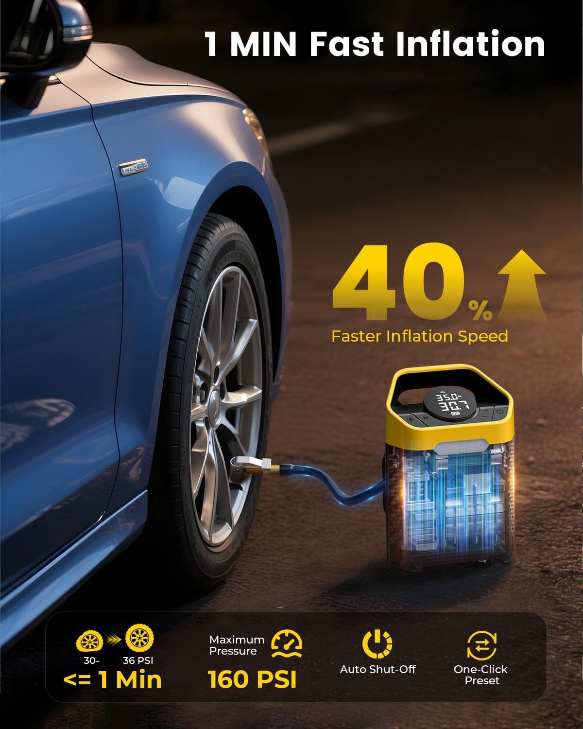 Heavy-Duty PSI Tire Inflator Portable Air Compressor, Min Fast Inflation Cordless Portable Air Pump with Digital Pressure Gauge  LED Light, Electric Tire Pump for Car, SUV, Bike, Ball