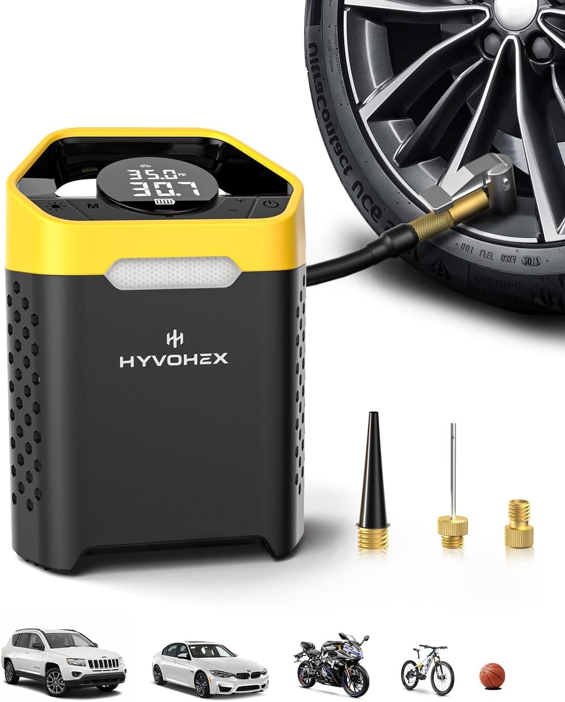 Heavy-Duty PSI Tire Inflator Portable Air Compressor, Min Fast Inflation Cordless Portable Air Pump with Digital Pressure Gauge  LED Light, Electric Tire Pump for Car, SUV, Bike, Ball