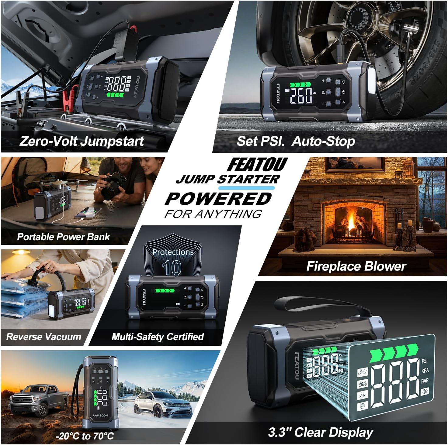 High-Power 9000A Jump Starter with Air Compressor, 12V Car Battery Jump Starter, Portable Jump Box for Car(All Gas/14L Diesel) with Tire Inflator, 30W Fast Charge, Forced Boost, Smart Battery Jumper