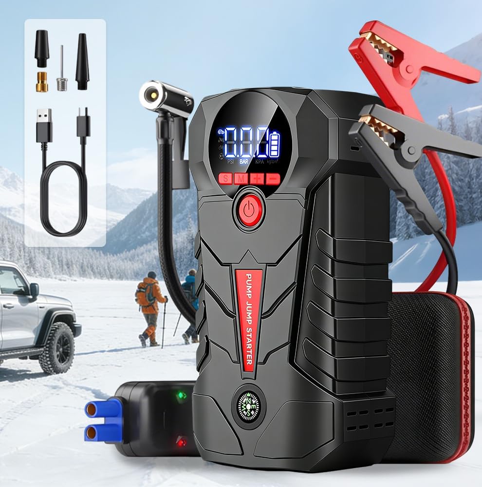 Jump Starter with Air Compressor, 4000A Portable Car Battery Booster, 4-in-1 Car Battery Jump Starter Box (8.5L Gas/6L Diesel) with 150PSI Tire Inflator,LED Light, 12V Supersafe Lithium Jump Box