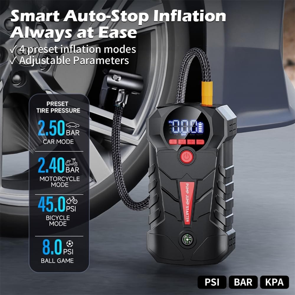 Jump Starter with Air Compressor, 4000A Portable Car Battery Booster, 4-in-1 Car Battery Jump Starter Box (8.5L Gas/6L Diesel) with 150PSI Tire Inflator,LED Light, 12V Supersafe Lithium Jump Box