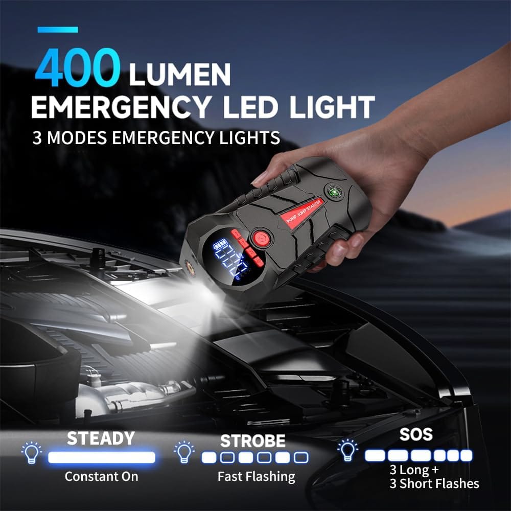 Jump Starter with Air Compressor, 4000A Portable Car Battery Booster, 4-in-1 Car Battery Jump Starter Box (8.5L Gas/6L Diesel) with 150PSI Tire Inflator,LED Light, 12V Supersafe Lithium Jump Box