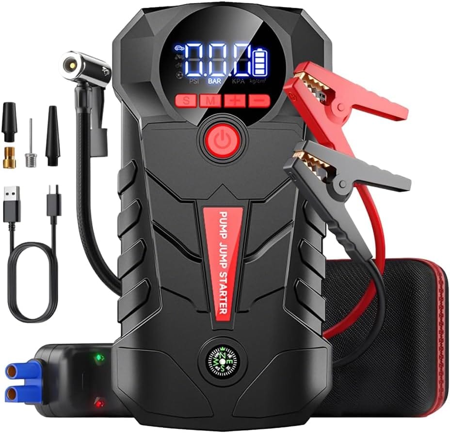 Jump Starter with Air Compressor, 4000A Portable Car Battery Booster, 4-in-1 Car Battery Jump Starter Box (8.5L Gas/6L Diesel) with 150PSI Tire Inflator,LED Light, 12V Supersafe Lithium Jump Box