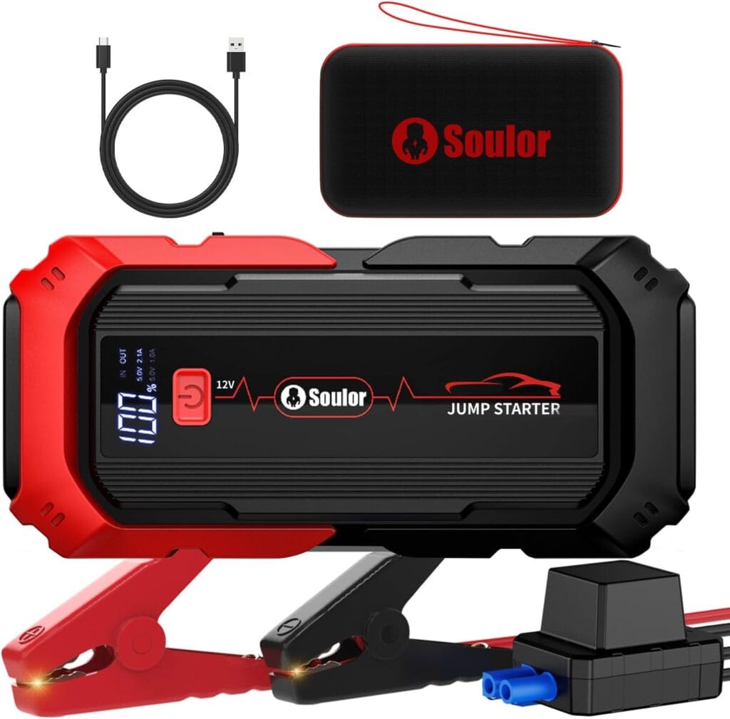 Jump Starter with Air Compressor, 6000A Battery Jumper Starter Portable, 12V Jump Box Car Jump Starter Portable with 150PSI Tire Inflator, LED Light, Gloves and Jumper Cables (14L Diesel All Cars)