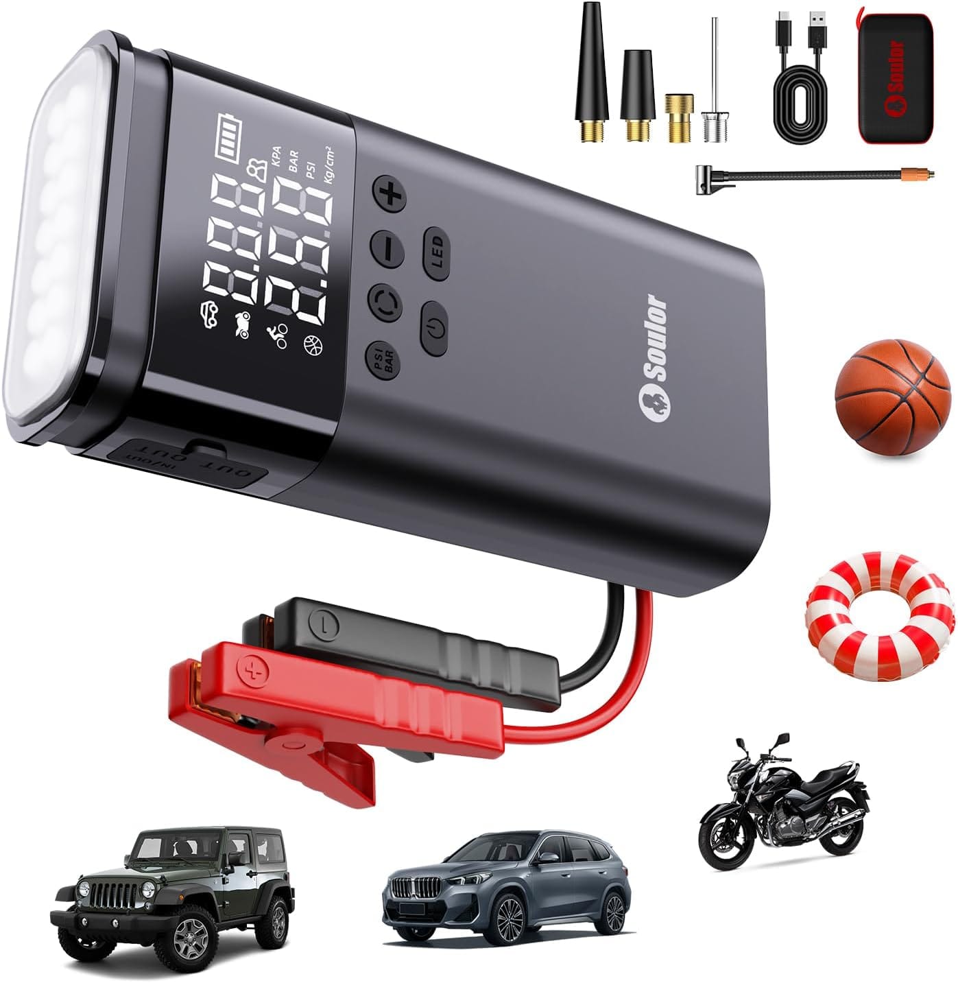 Jump Starter with Air Compressor, 6000A Battery Jumper Starter Portable, 12V Jump Box Car Jump Starter Portable with 150PSI Tire Inflator, LED Light, Gloves and Jumper Cables (14L Diesel All Cars)