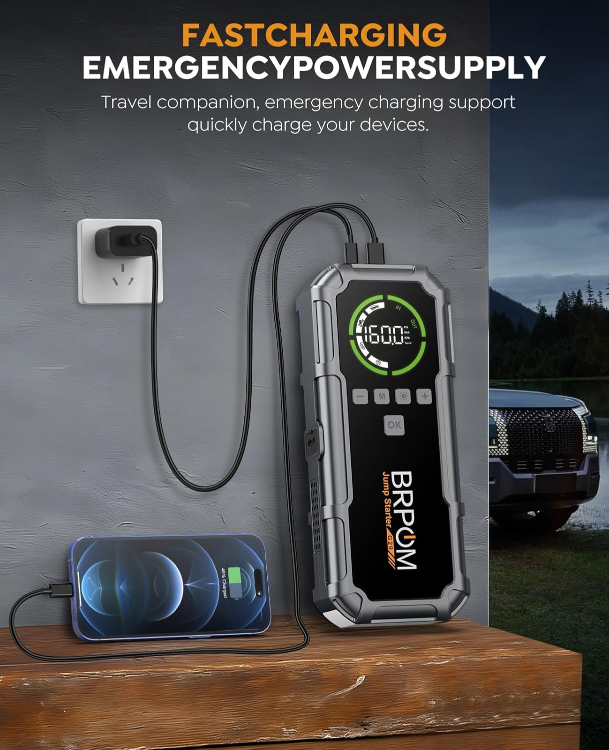 Jump Starter with Air Compressor, BRPOM 8000A Portable Car Jump Starter (All Petrol/12L Diesel), 160PSI 12V Battery Jump Starter Power Pack with Jump Clamps, LCD Screen, Lumens Emergency Light