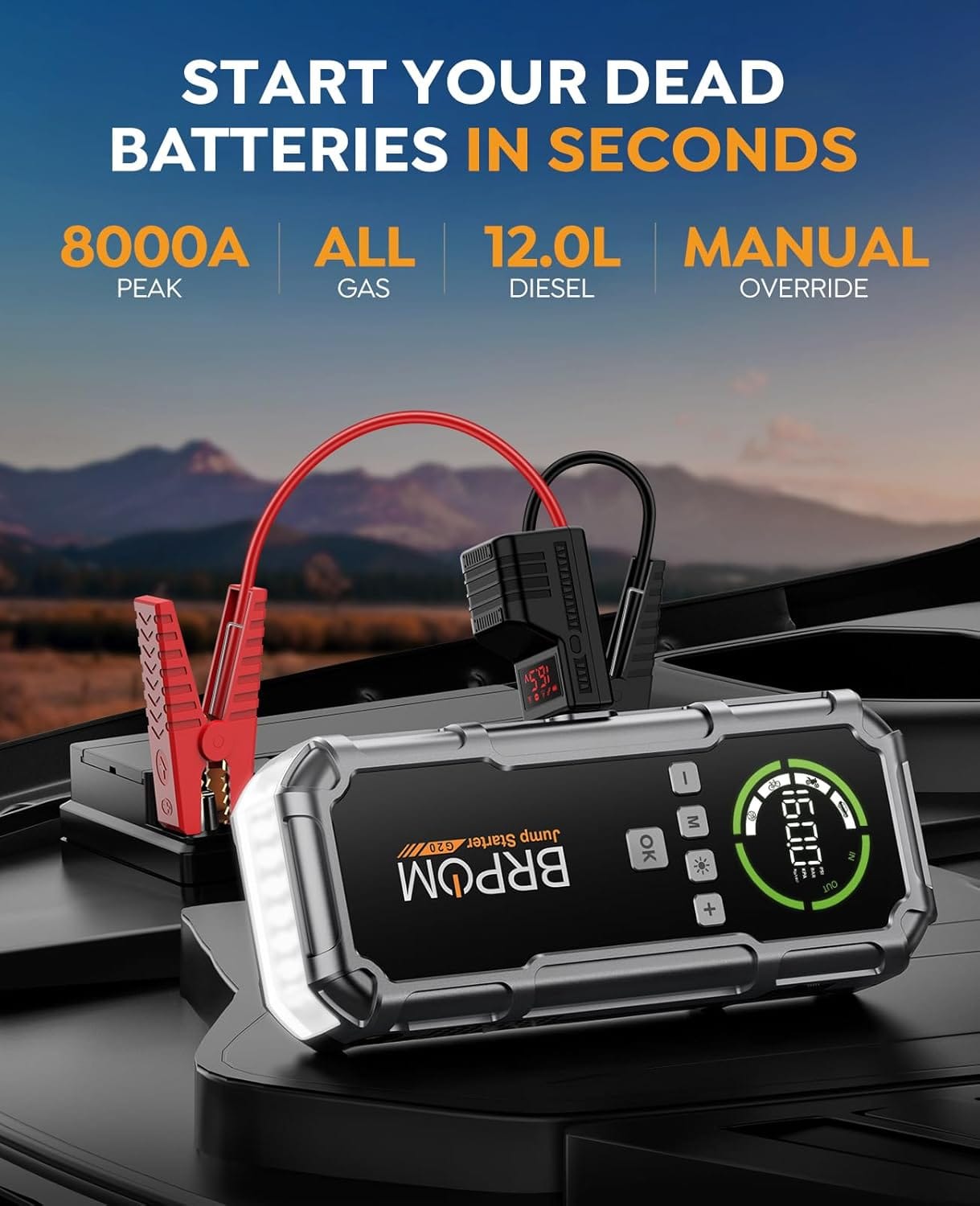Jump Starter with Air Compressor, BRPOM 8000A Portable Car Jump Starter (All Petrol/12L Diesel), 160PSI 12V Battery Jump Starter Power Pack with Jump Clamps, LCD Screen, Lumens Emergency Light