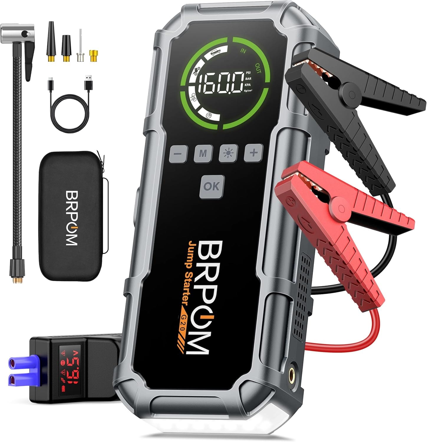 Jump Starter with Air Compressor, BRPOM 8000A Portable Car Jump Starter (All Petrol/12L Diesel), 160PSI 12V Battery Jump Starter Power Pack with Jump Clamps, LCD Screen, Lumens Emergency Light