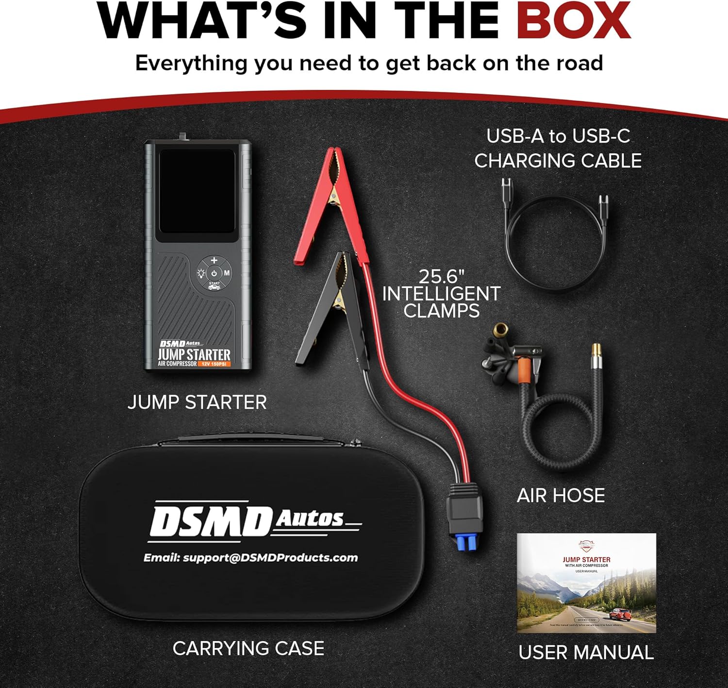 Jump Starter with Air Compressor, Portable Car Battery Booster for Dead Batteries, PSI Tire Inflator – Starts Up to 6.5L Gas / 3.5L Diesel Engines, Power Bank, LED Display – DSMDAutos