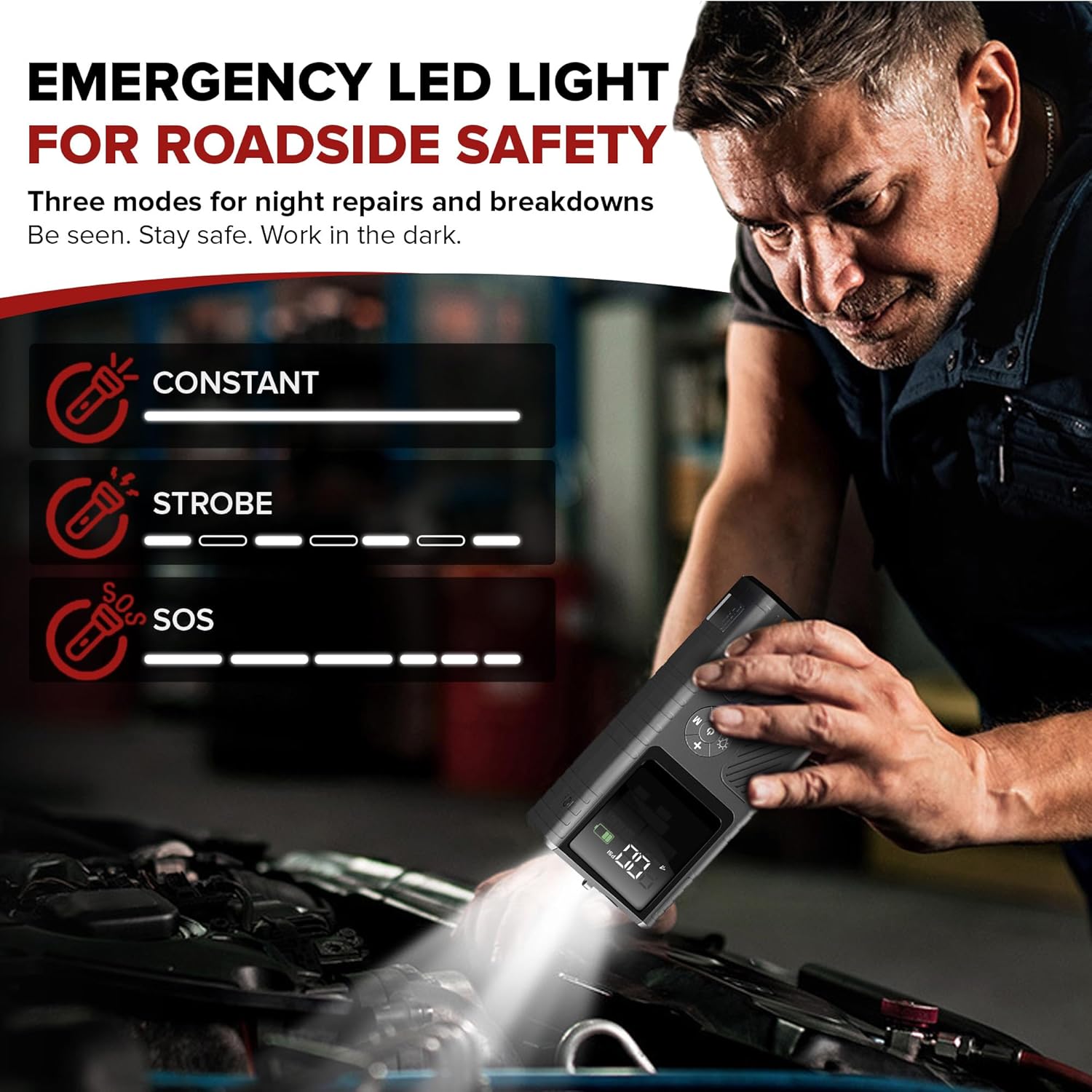 Jump Starter with Air Compressor, Portable Car Battery Booster for Dead Batteries, PSI Tire Inflator – Starts Up to 6.5L Gas / 3.5L Diesel Engines, Power Bank, LED Display – DSMDAutos