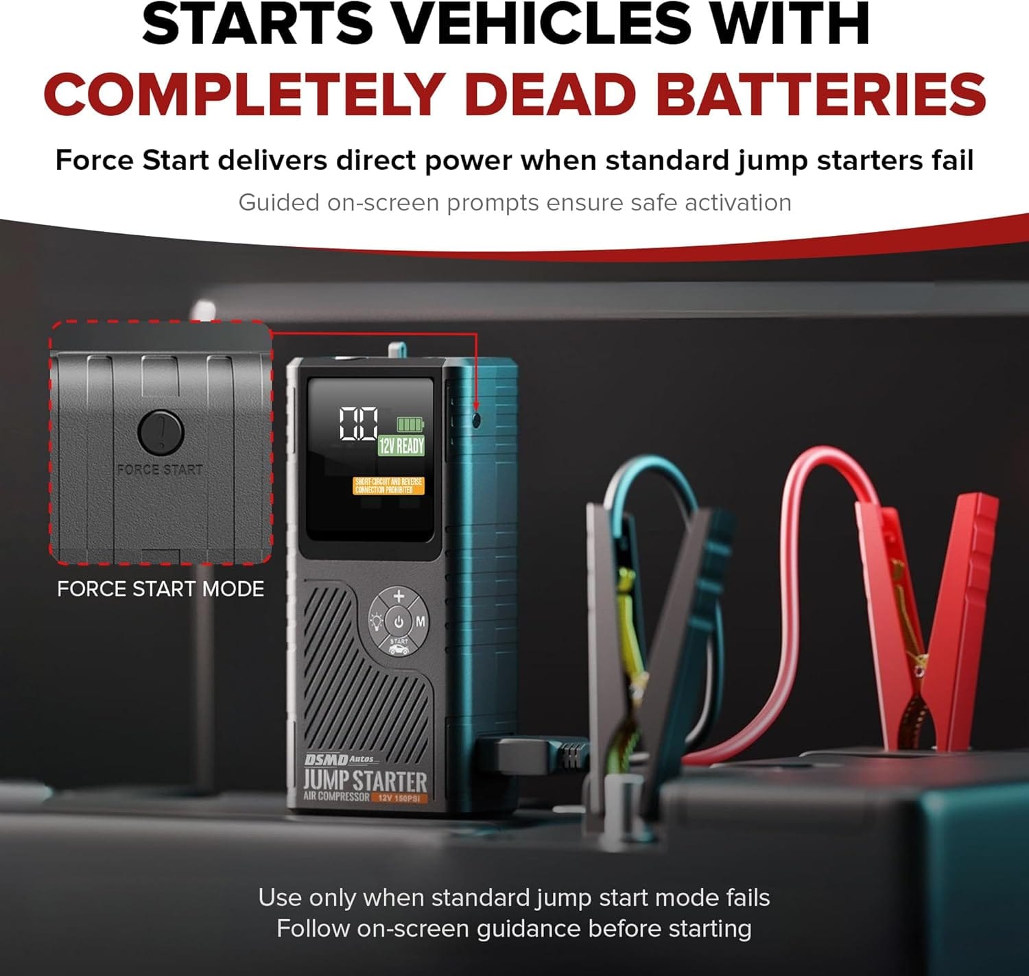 Jump Starter with Air Compressor, Portable Car Battery Booster for Dead Batteries, PSI Tire Inflator – Starts Up to 6.5L Gas / 3.5L Diesel Engines, Power Bank, LED Display – DSMDAutos
