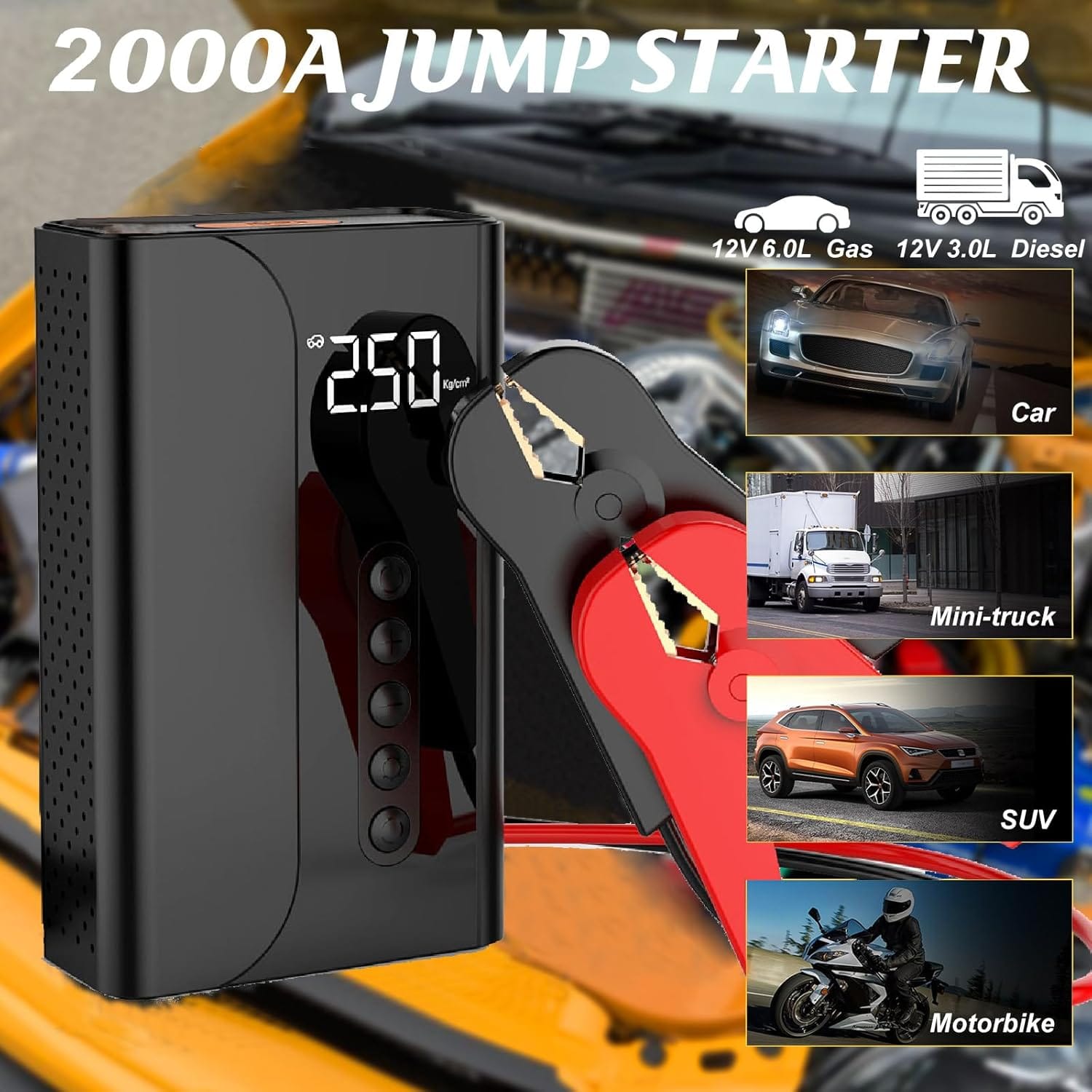 Jump Starter with Air Compressor, Portable Car Battery Charger, 2000A 150PSI Jump Box with LCD Digital Tire Inflator, 12V Car Battery Booster for 6.0L Gas or 3.0L Diesel Engines Jump Starter with Air Compressor, Portable Car Battery Charger, 2000A 150PSI Jump Box with LCD Digital Tire Inflator, 12V Car Battery Booster for 6.0L Gas or 3.0L Diesel Engines