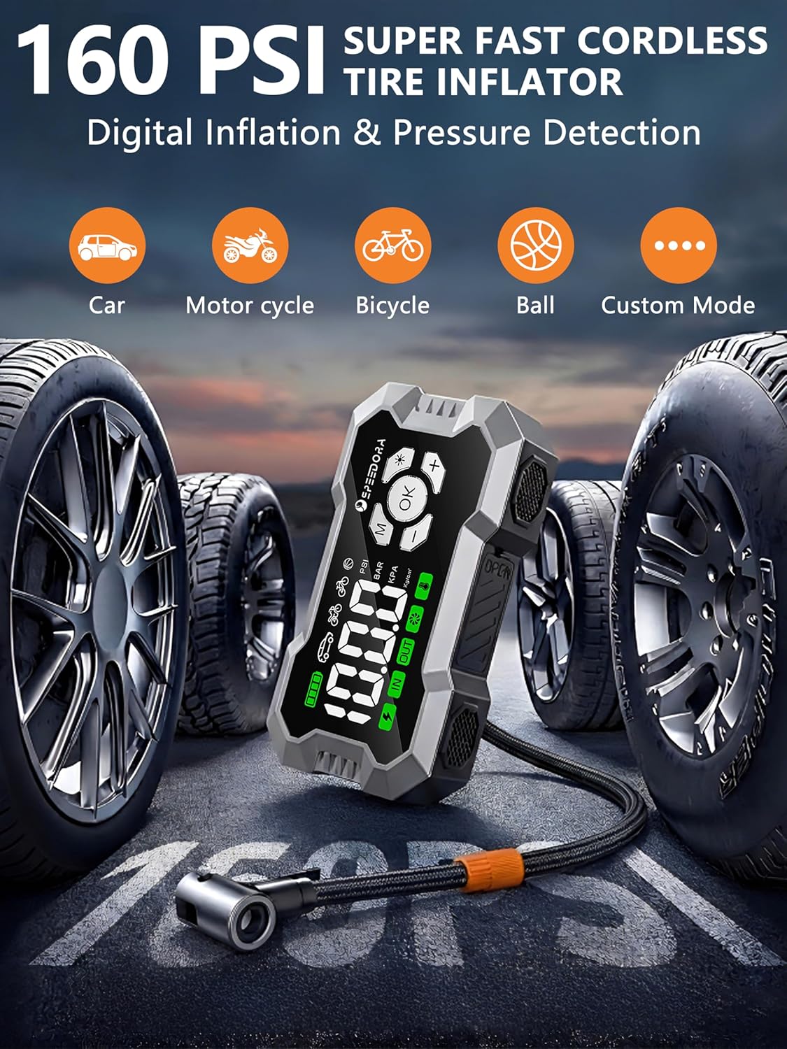 Jump Starter with Air Compressor, SPEEDORA 8000A Portable Car Battery Jump Starter for (All Gas/12L Diesel Engines), 160PSI Tire Inflator, 3.3 Screen,600LM Light, Jumper Cables,12V Car Booster Pack