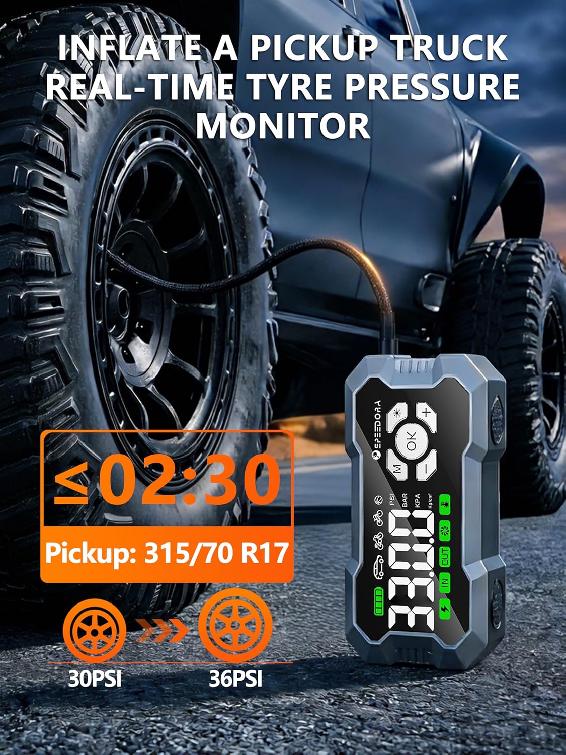 Jump Starter with Air Compressor, SPEEDORA 8000A Portable Car Battery Jump Starter for (All Gas/12L Diesel Engines), 160PSI Tire Inflator, 3.3 Screen,600LM Light, Jumper Cables,12V Car Booster Pack
