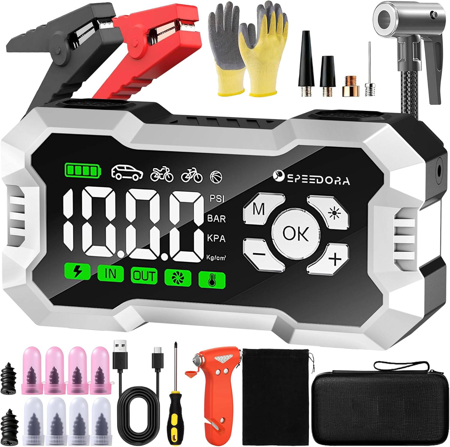 Jump Starter with Air Compressor, SPEEDORA 8000A Portable Car Battery Jump Starter for (All Gas/12L Diesel Engines), 160PSI Tire Inflator, 3.3 Screen,600LM Light, Jumper Cables,12V Car Booster Pack